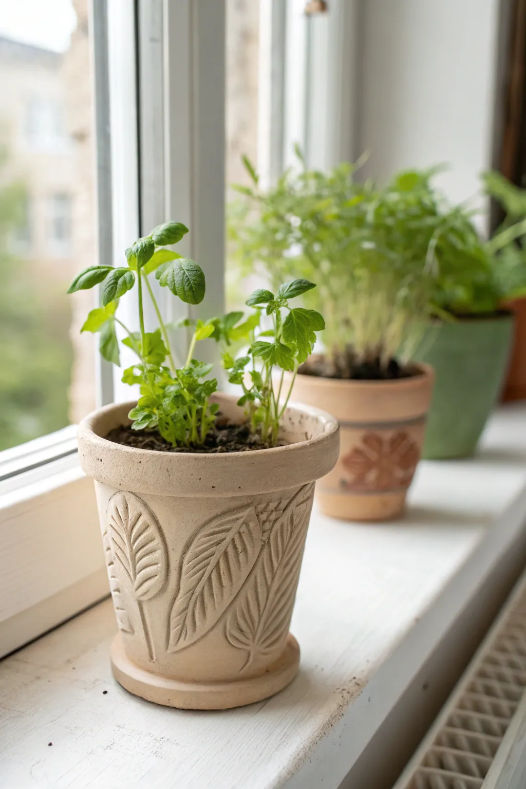 Scandi-boho air dry clay plant markers with leaf stamps, styled in a sunlit herb pot.