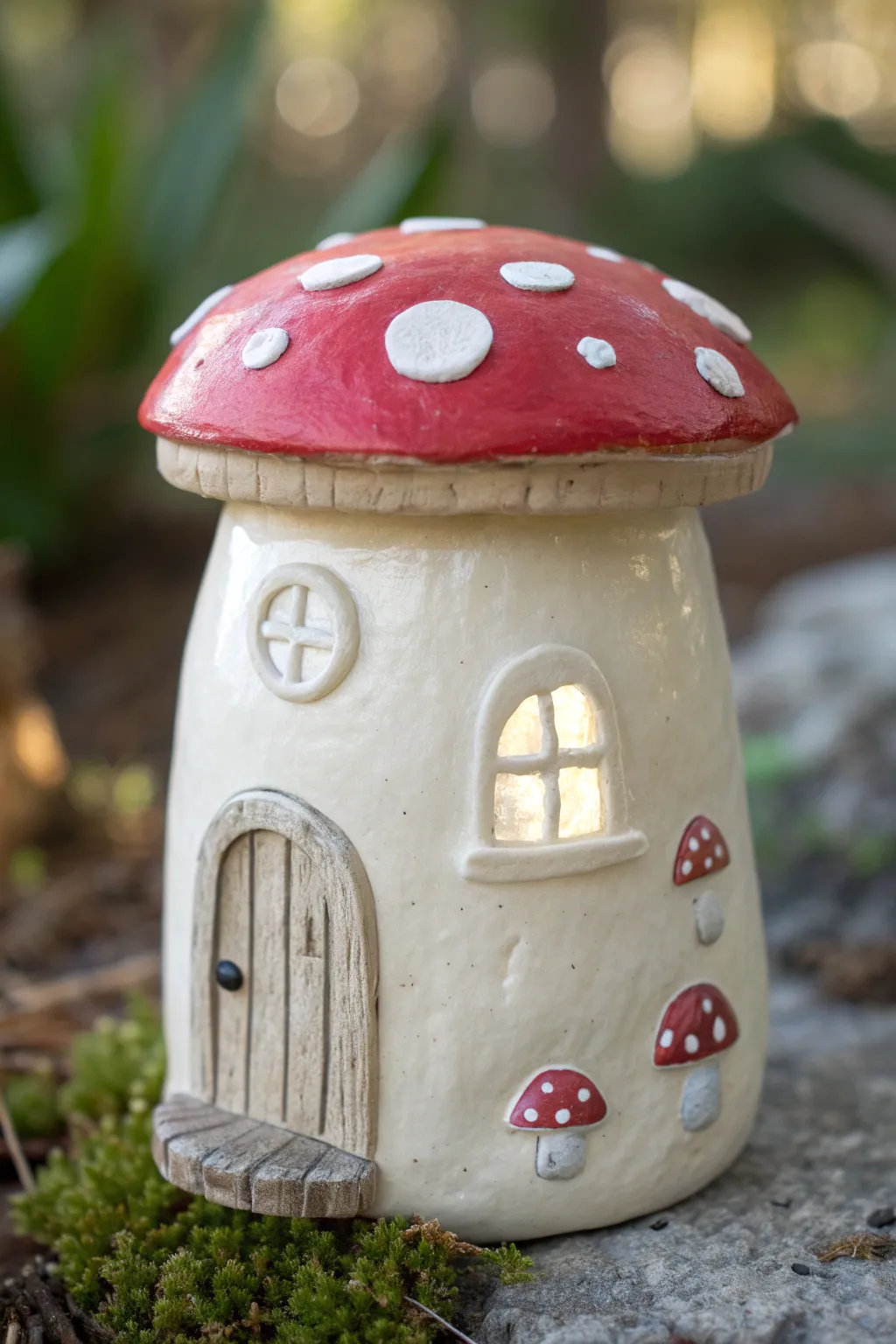Toadstool mushroom house jar made with air dry clay, cozy woodland storage in a minimalist style