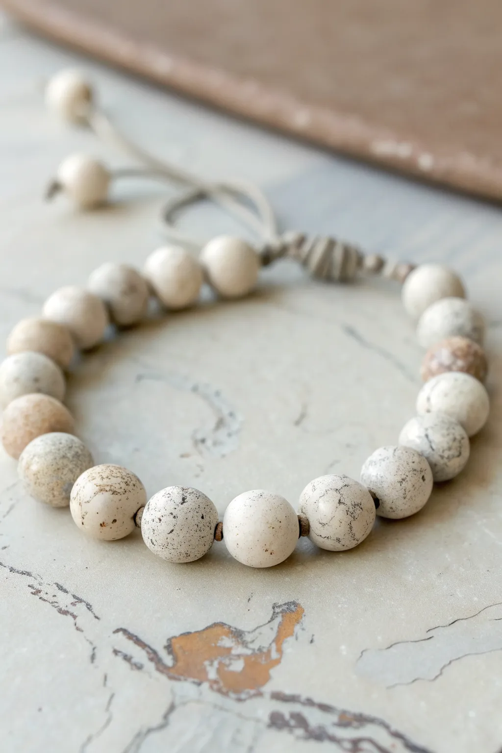 DIY air-dry clay faux stone bead bracelet with soft veining, styled on a minimalist stone slab.