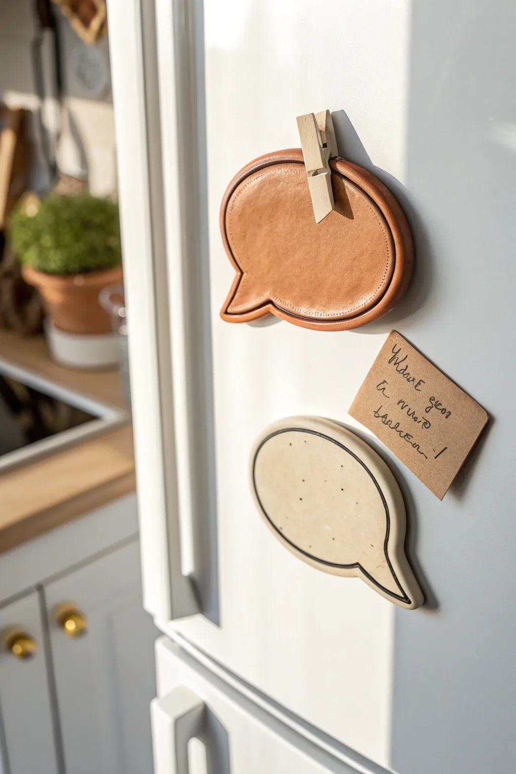 Minimalist speech bubble clay magnets holding a tiny note, cozy Scandinavian boho fridge decor