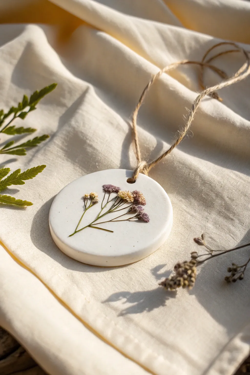 Minimal white clay ornament with pressed dried flowers, styled on pale linen for airy contrast