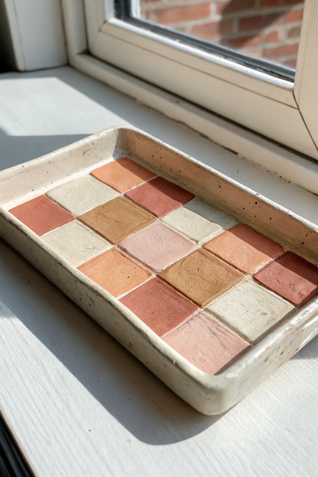 Faux tile air-dry clay tray with painted grout lines for an easy, modern handmade look.