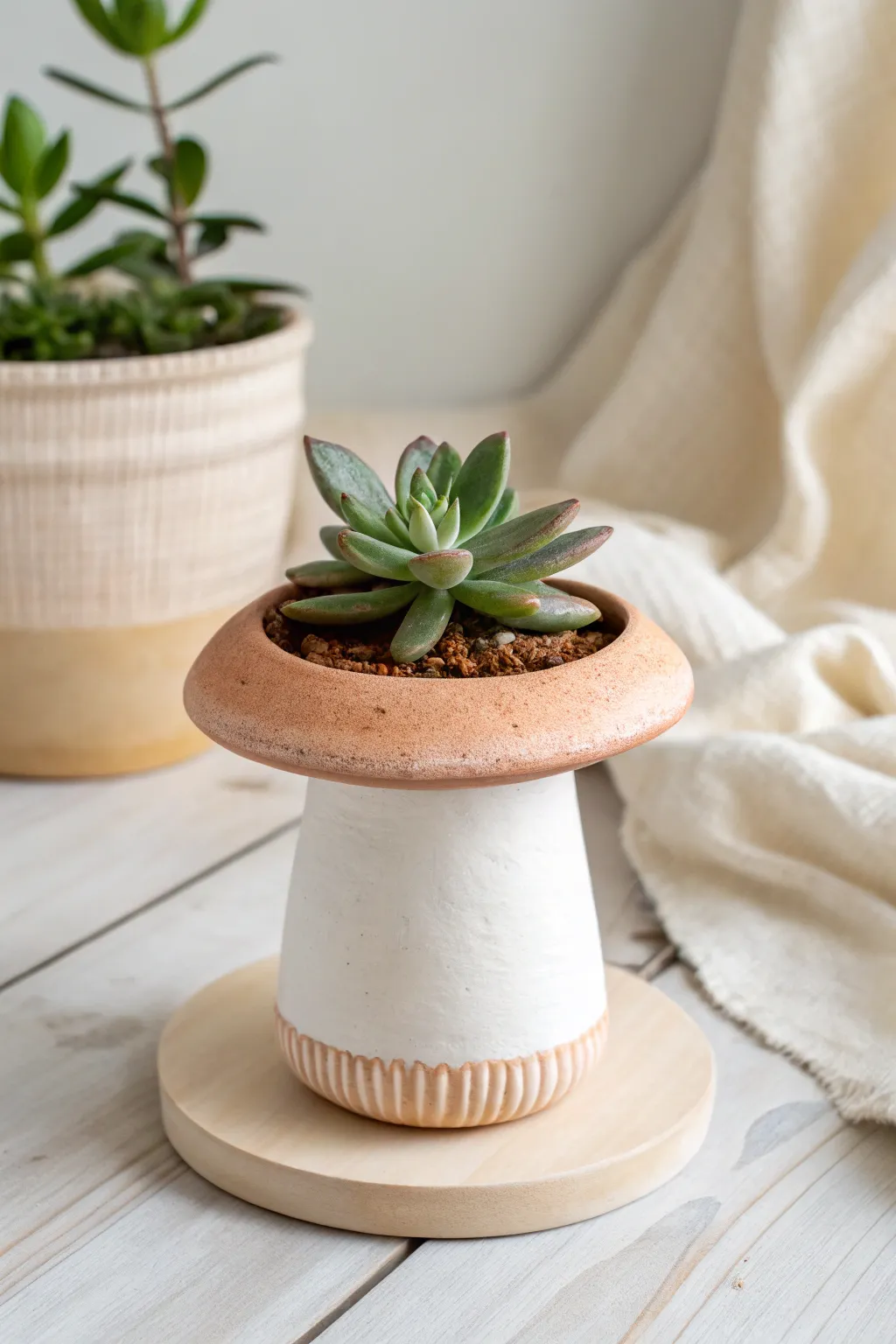 DIY air dry clay mushroom planter with a tiny succulent, minimalist boho styling, high contrast.