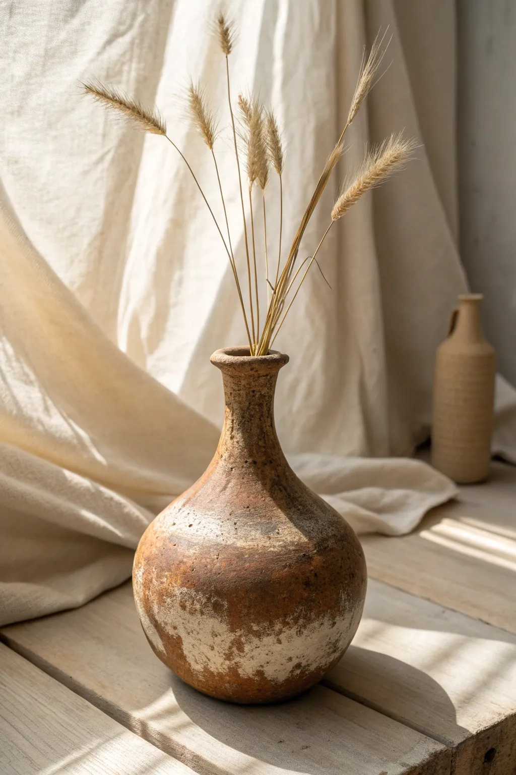Coffee-stained air dry clay vase with dried grasses for an easy rustic boho look at home