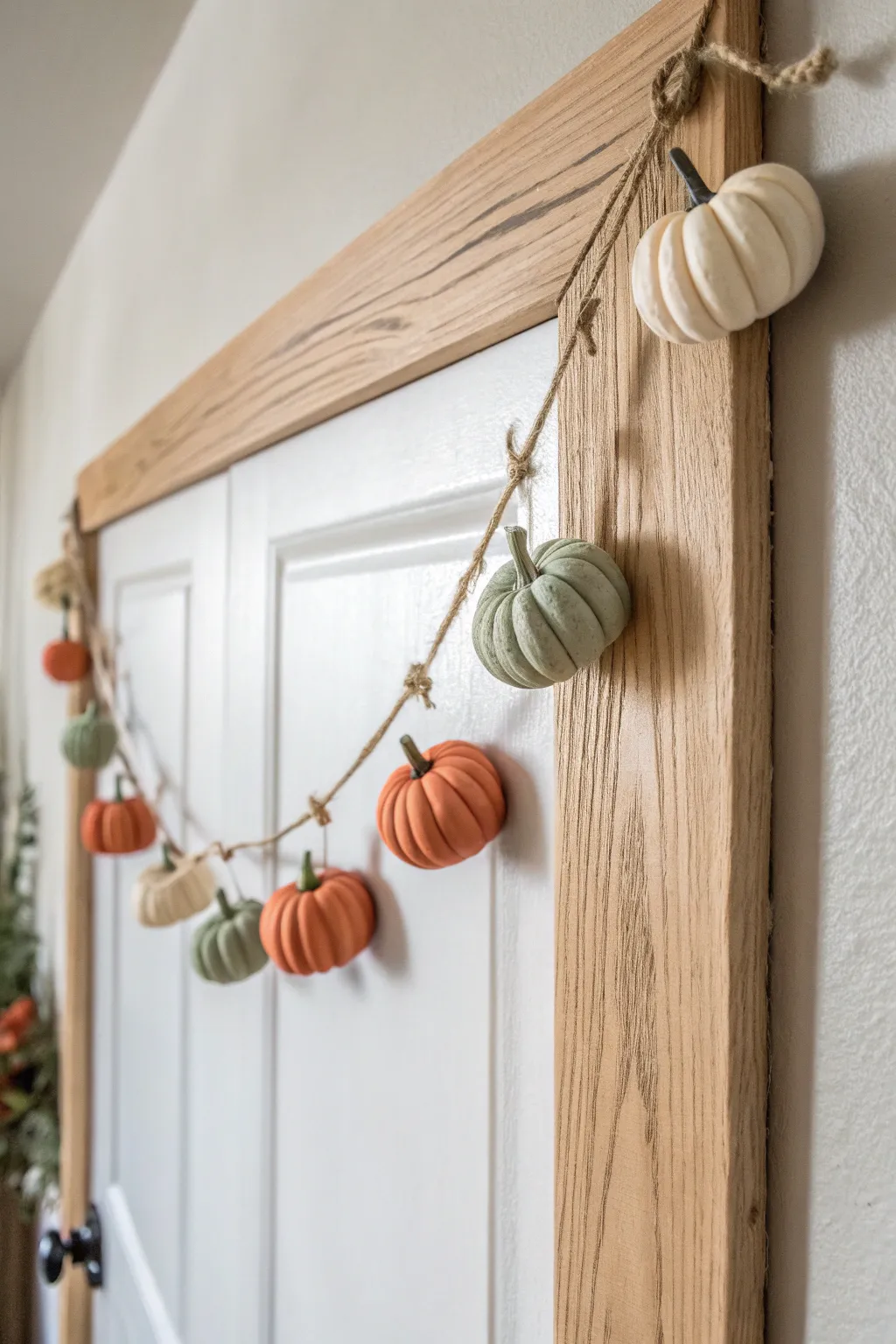 Air dry clay pumpkin garland in cream, terracotta, and sage for a cozy minimalist fall look