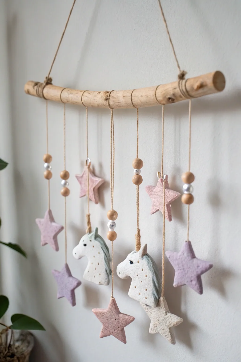 Minimal air dry clay unicorn wind chime charms in soft pastels for a calm boho nursery touch