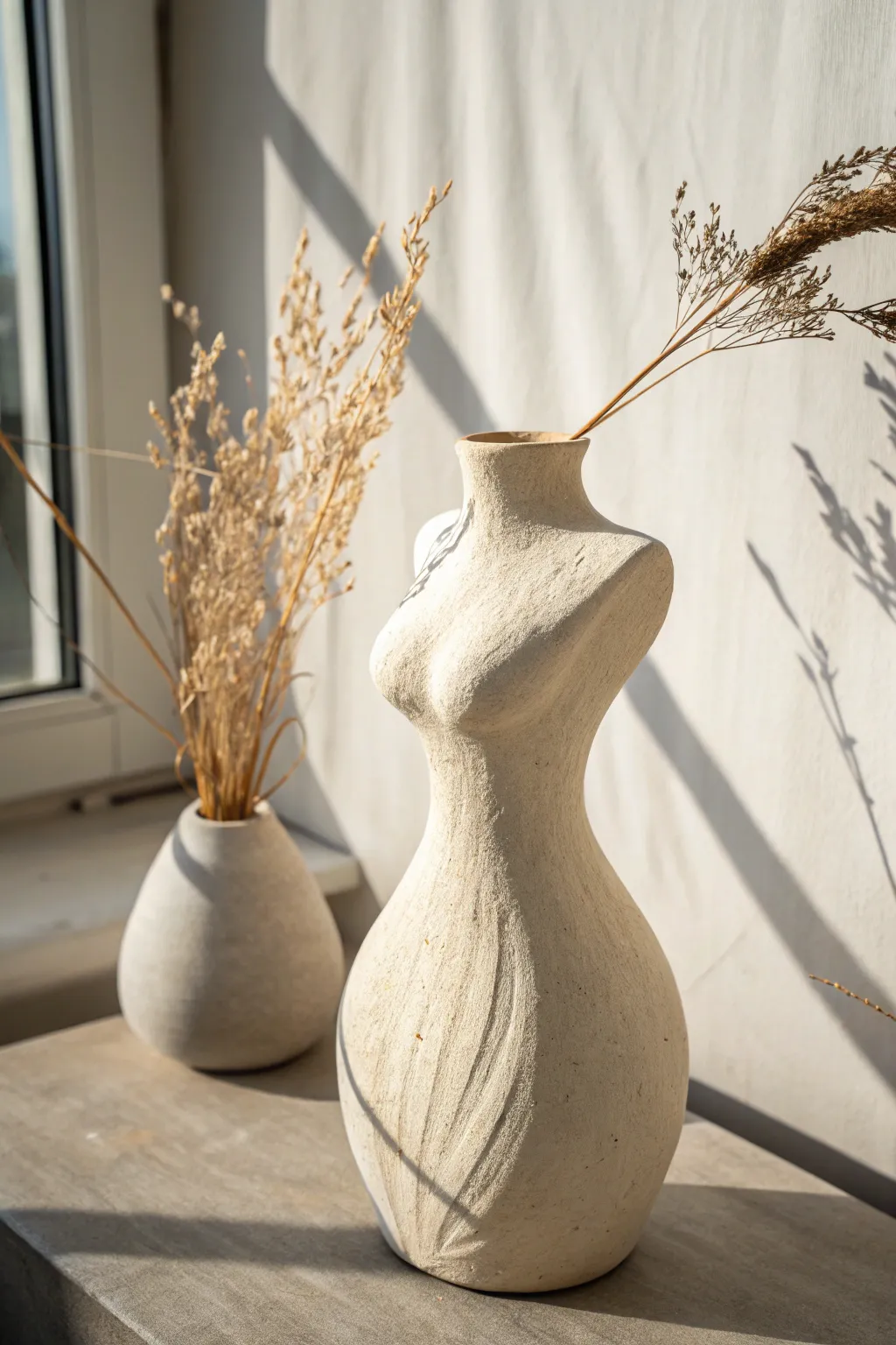 Abstract torso air dry clay vase with dried stems, minimalist Scandinavian boho styling