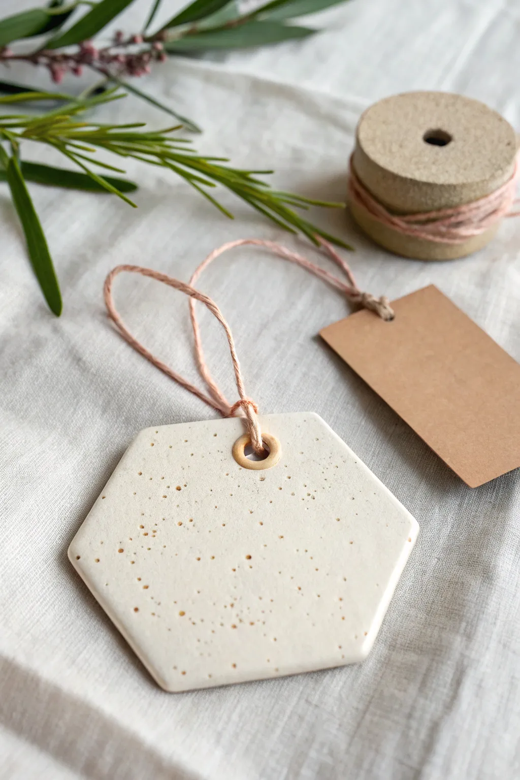 Minimal air dry clay diffuser pendant with linen ribbon, perfect for closets or car scents