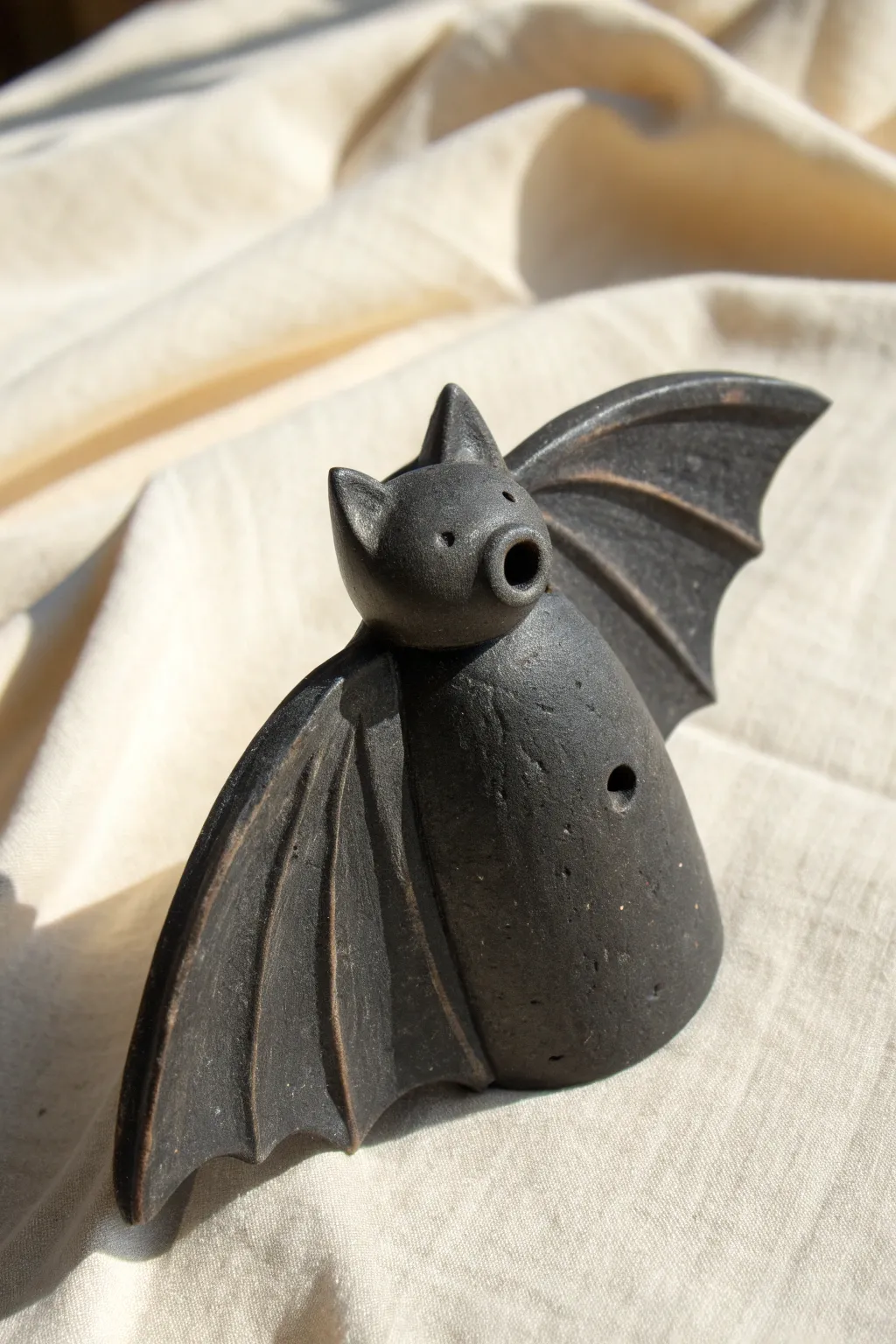 Spooky-cute bat clay whistle with folded wings and a clean minimalist finish