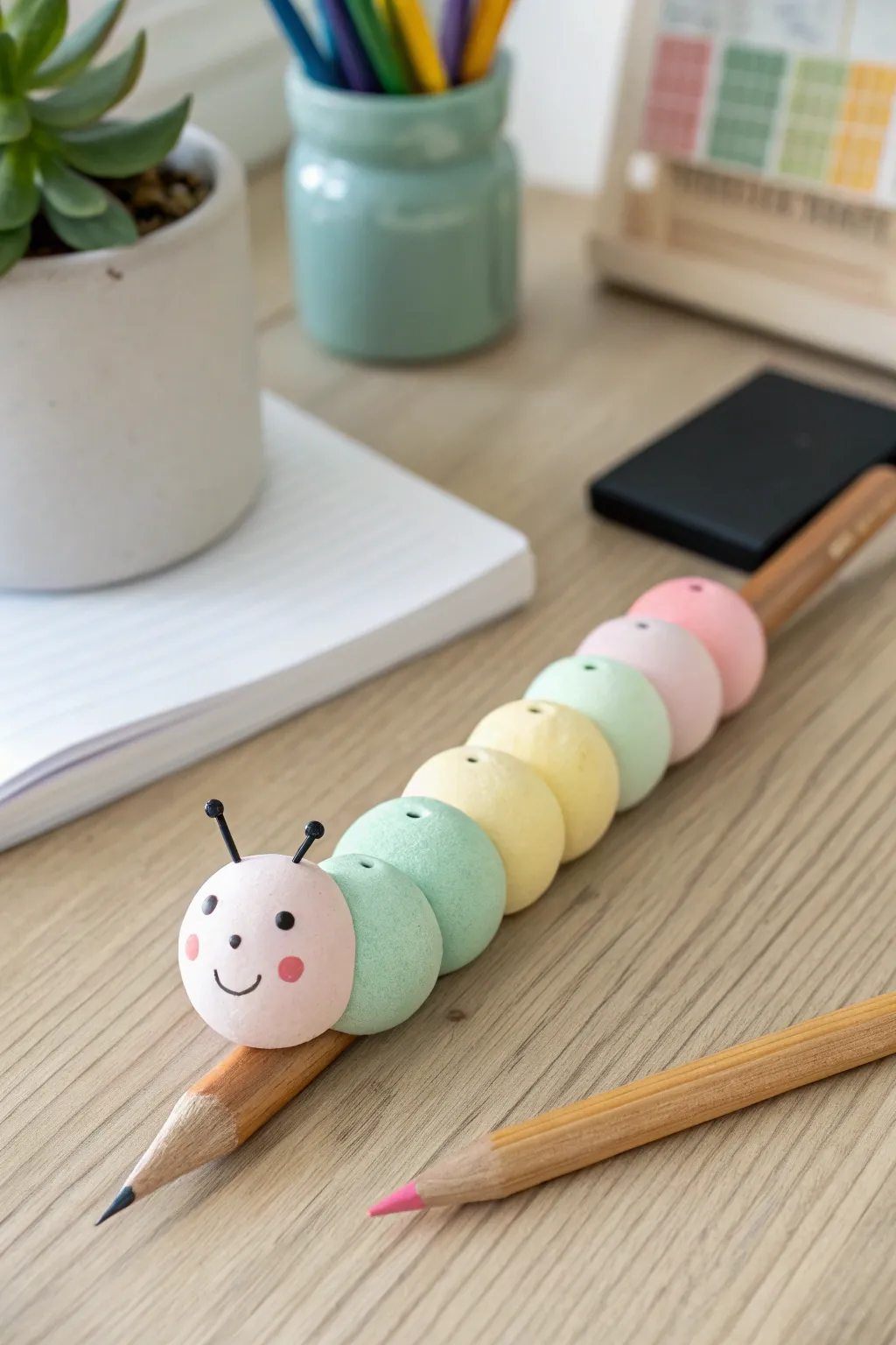 Sweet ball-stack clay caterpillar that neatly cradles your pencil on a calm, minimal desk