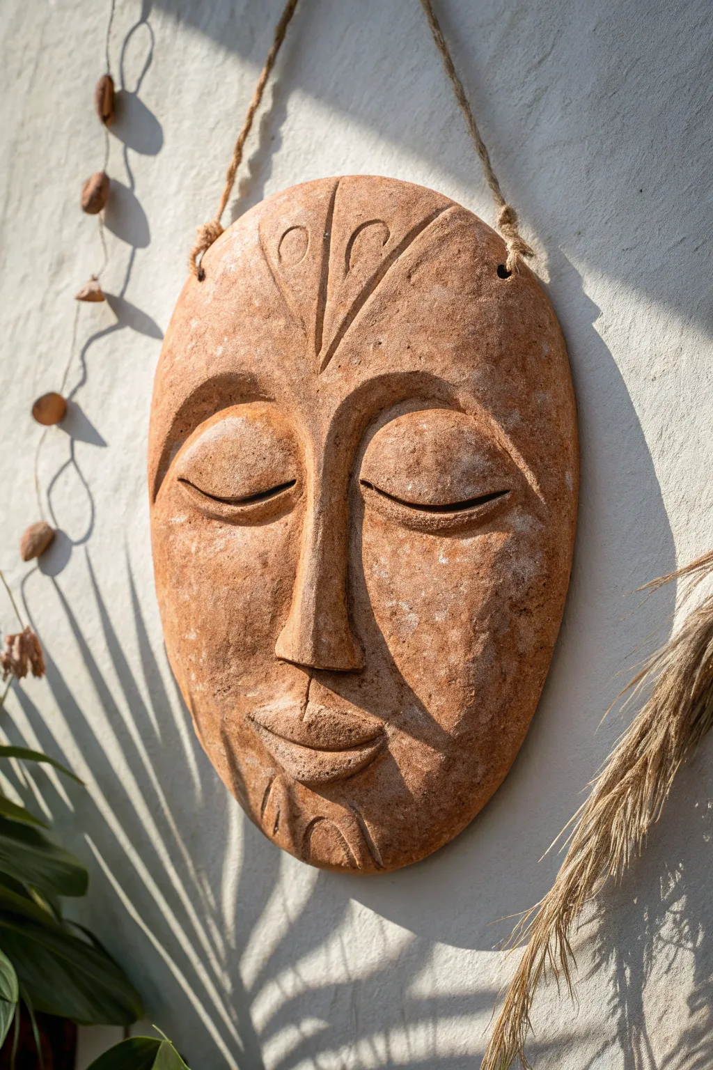 Minimal wall relief clay mask with hanging holes, bringing soft Scandinavian boho charm to decor.