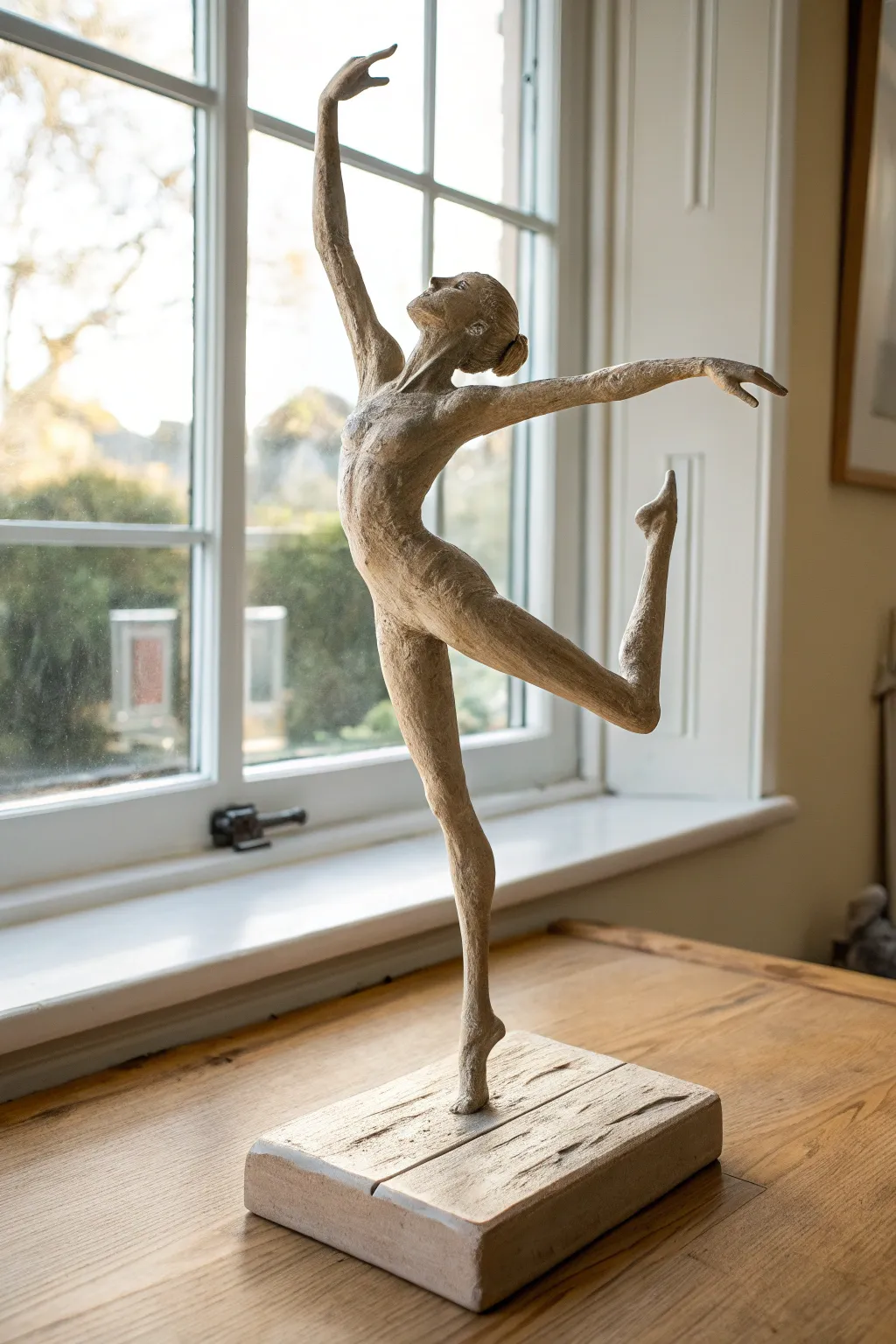 Minimalist clay dancer sculpture with dynamic gesture, matte finish, and calm Scandinavian styling