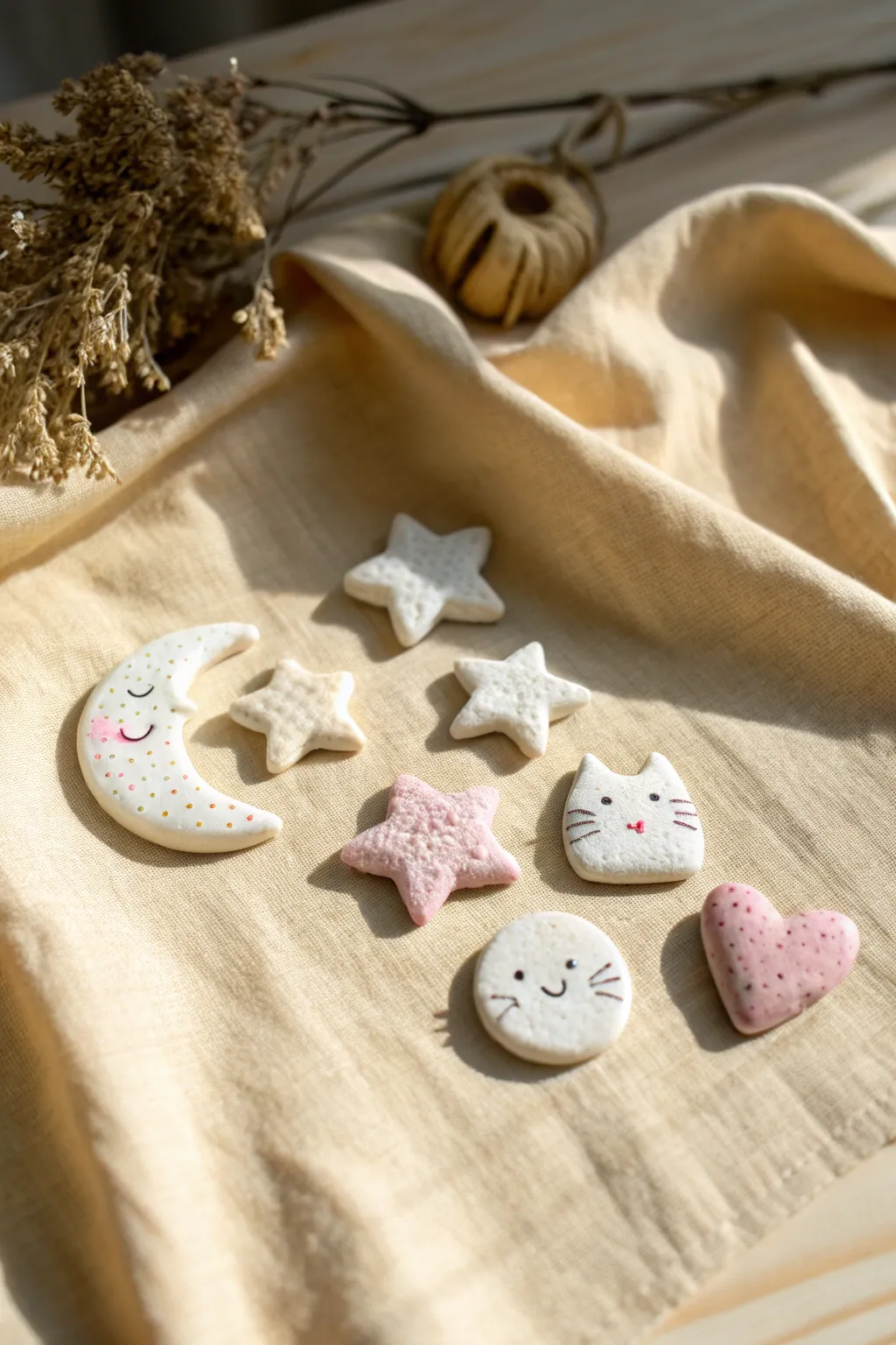 Pocket-sized pastel clay charm set with star, moon, cloud, cat, and heart in calm minimal style