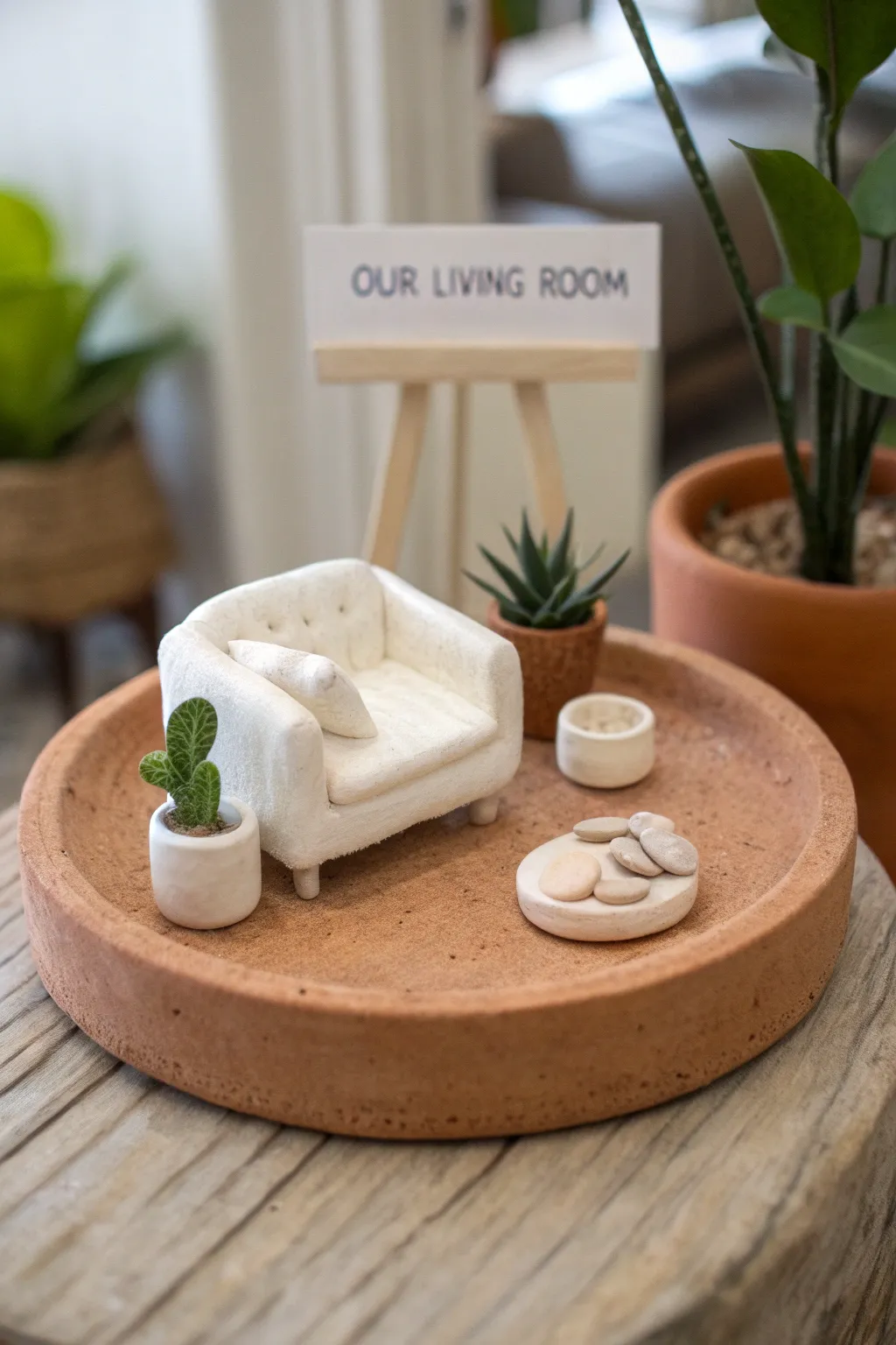 A tiny air-dry clay living room keepsake: couch, side table, and plant in soft neutral tones.