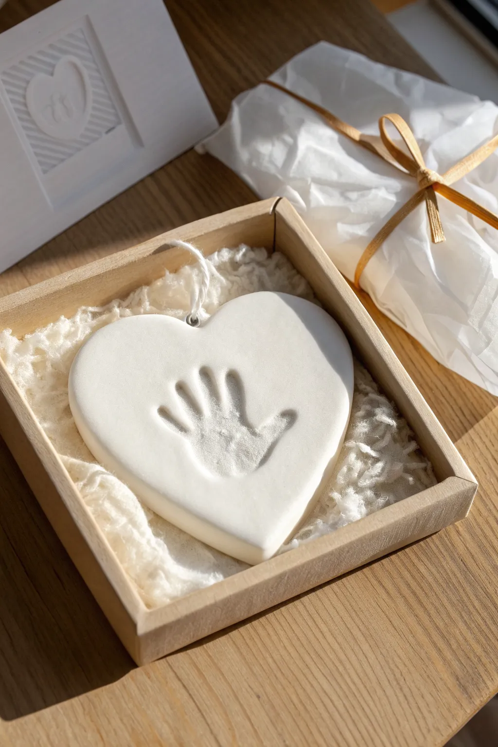 Heart-shaped baby handprint keepsake plaque, styled simply for a sweet minimalist gift moment.