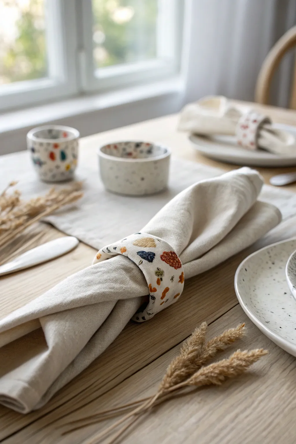Terrazzo clay napkin rings for a cute minimalist tablescape, simple to bake and style at home