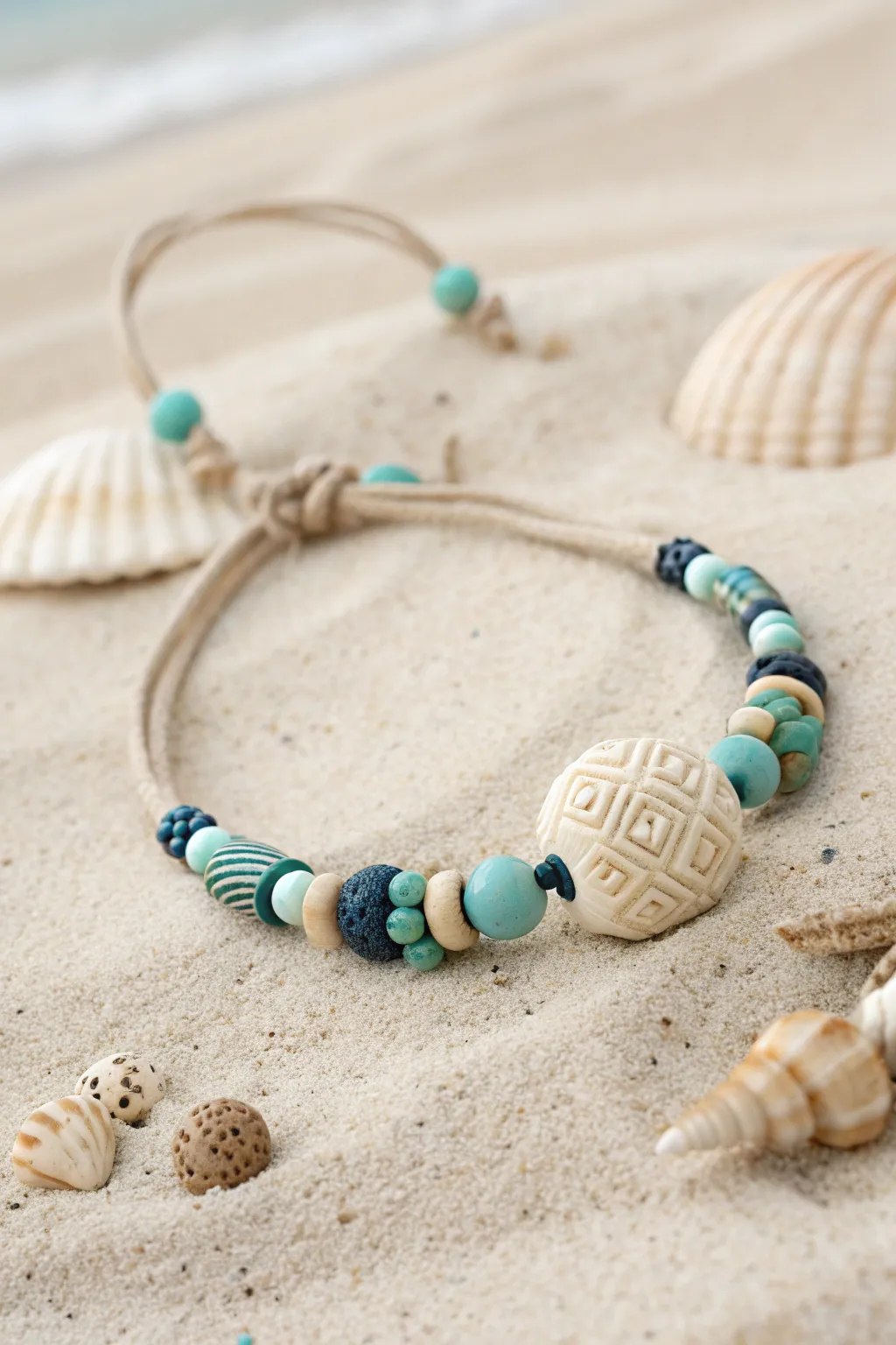 Stamped wave focal bead bracelet in ocean tones, styled on clean sand with a simple shell accent.