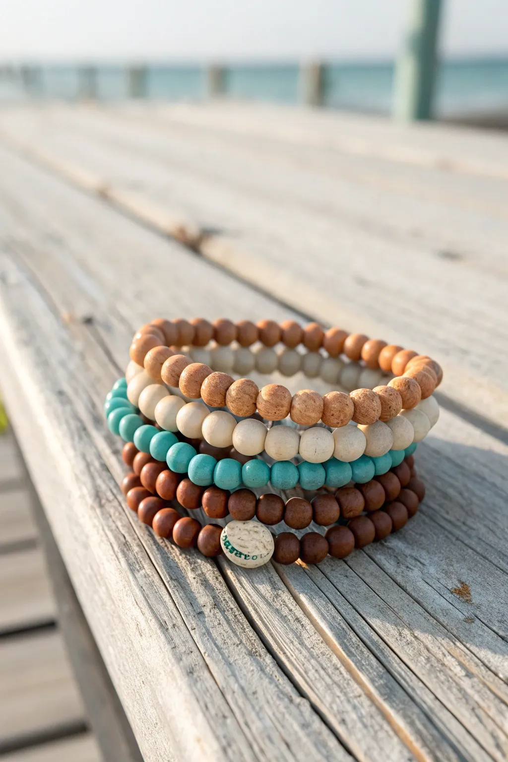 Boardwalk browns meet ocean teals in an easy, beachy clay bead bracelet stack.