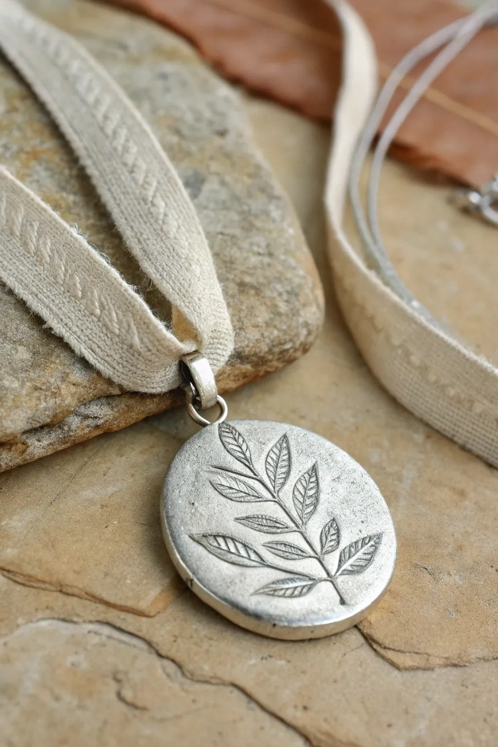 Reversible silver clay pendant with botanical and geometric textures, simple and wearable