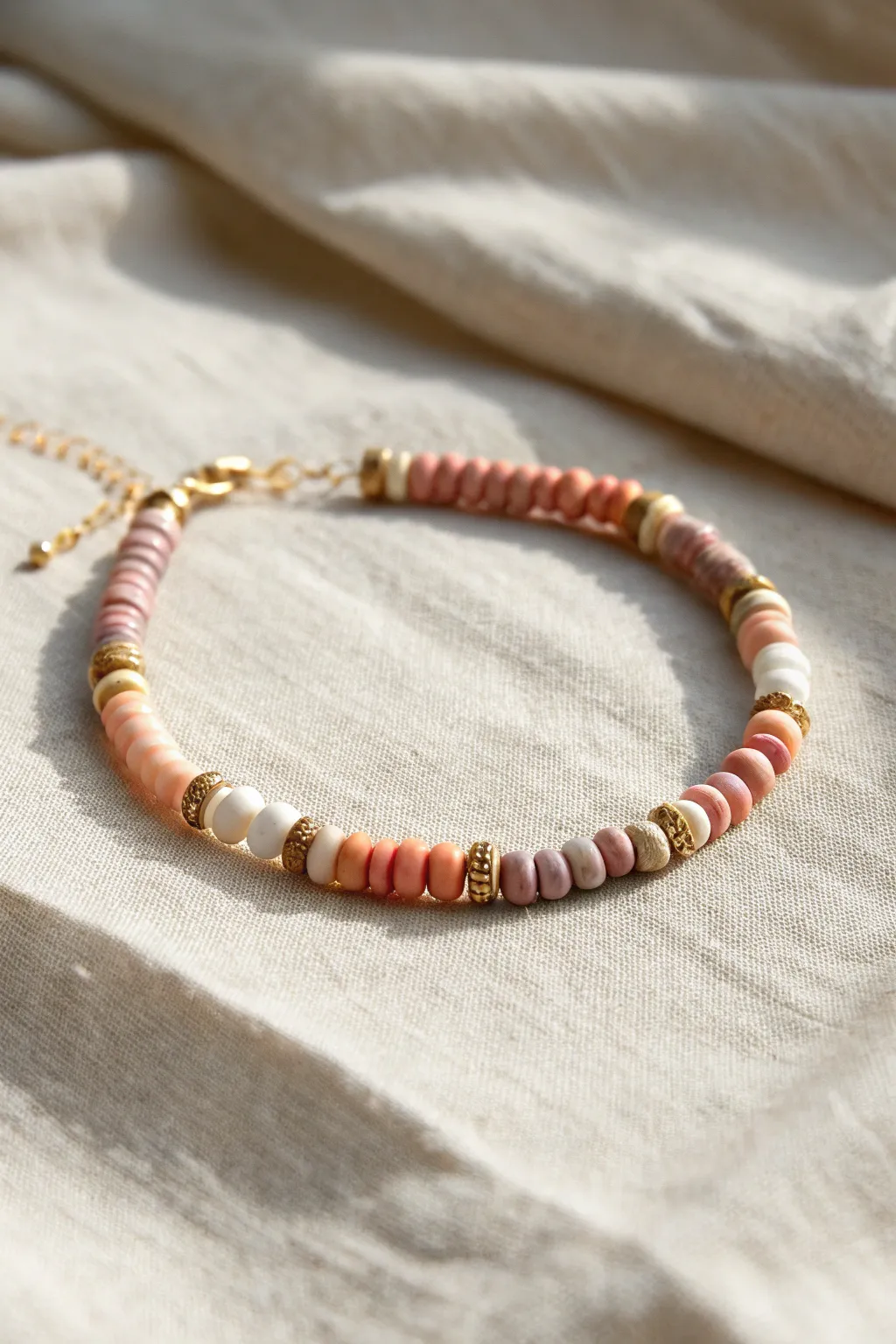 Marbled swirl accent beads add a sweet birthday twist to a simple clay heishi bracelet