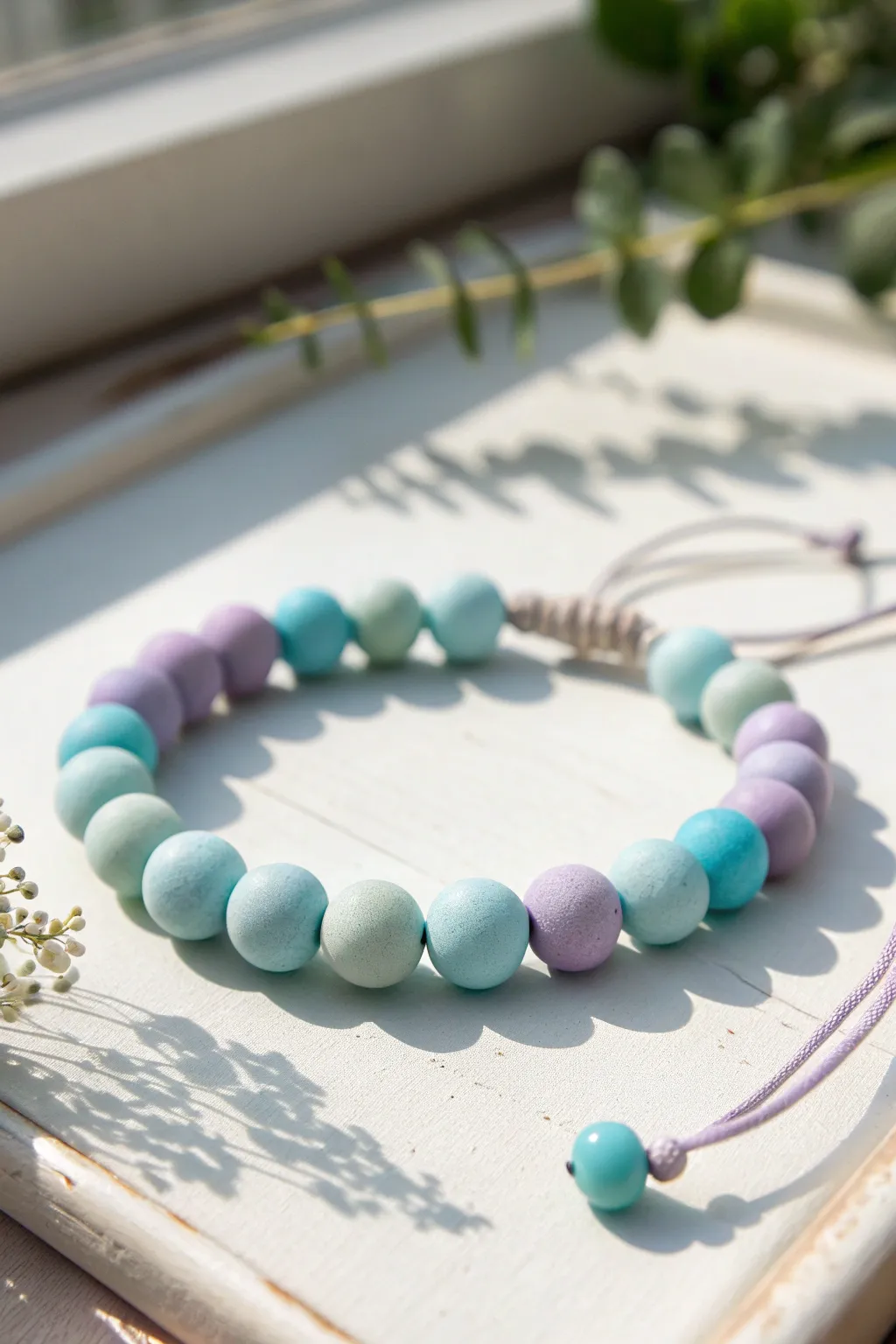 Blue pastel rainbow clay bracelet with lavender, mint and aqua beads in minimalist Scandinavian style.