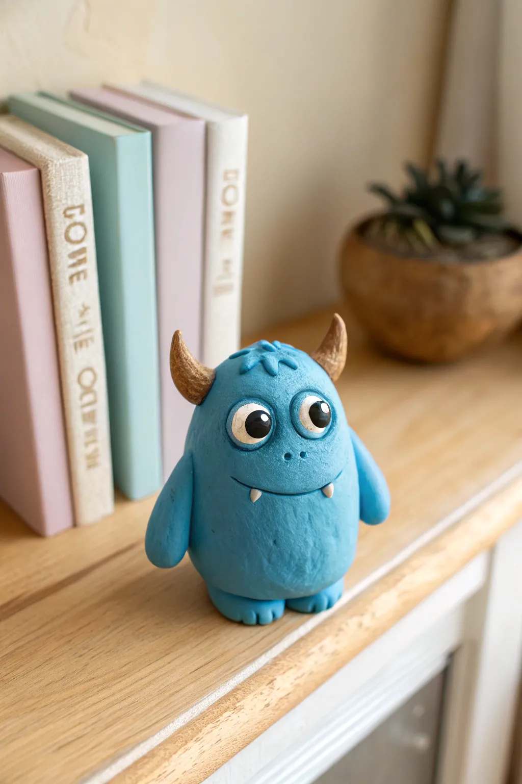 Adorable blue horned monster polymer clay figure for a cozy minimalist shelf decor moment.