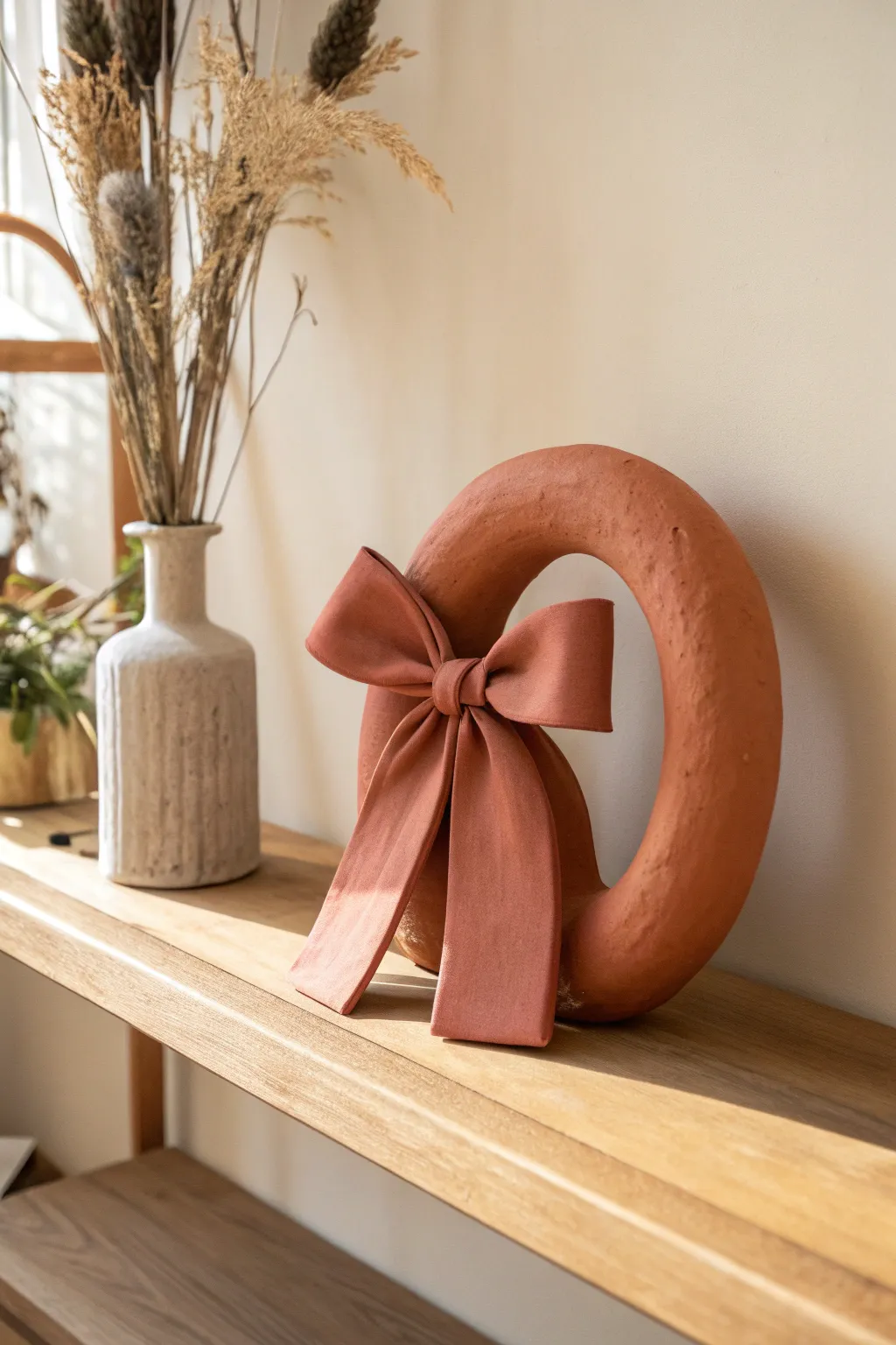 Oversized clay bow decor in matte blush, simple curves and bold tails for a modern statement.