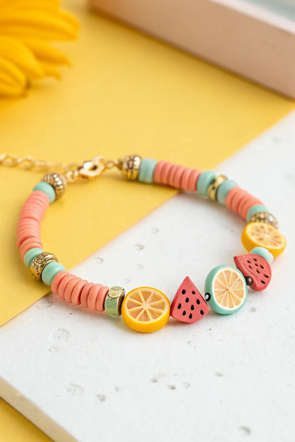 Sunny heishi bead bracelet with tiny fruit-slice accents for the perfect summer pop