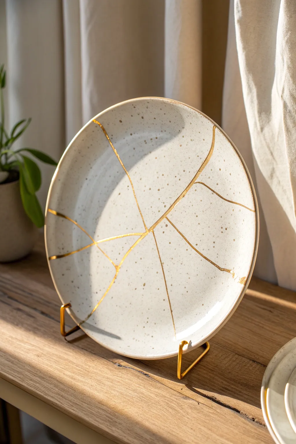A repaired broken plate displayed like art, with gold kintsugi lines for minimalist contrast