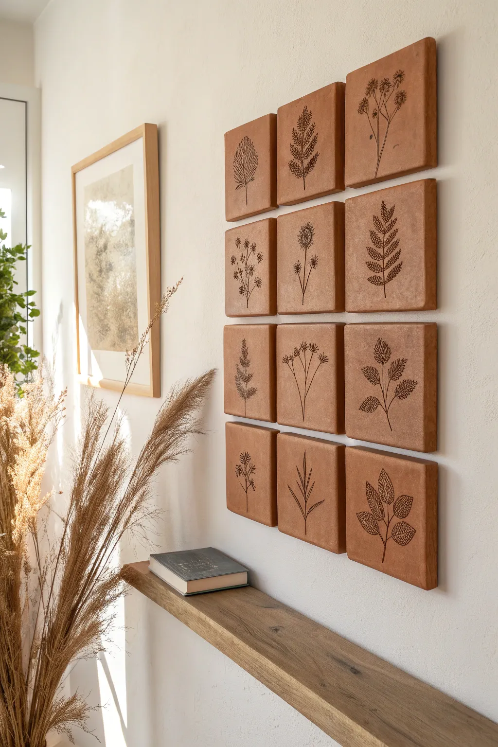 Botanical impression wall tiles in warm brown clay, minimalist display with soft Nordic light.