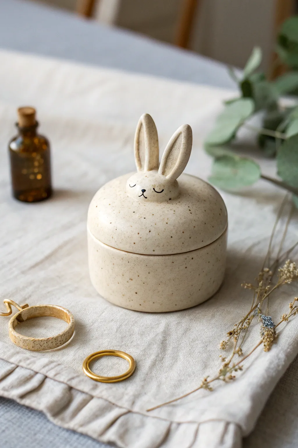 Minimal bunny-lidded keepsake box in soft matte clay, styled simply for cozy shelf decor.