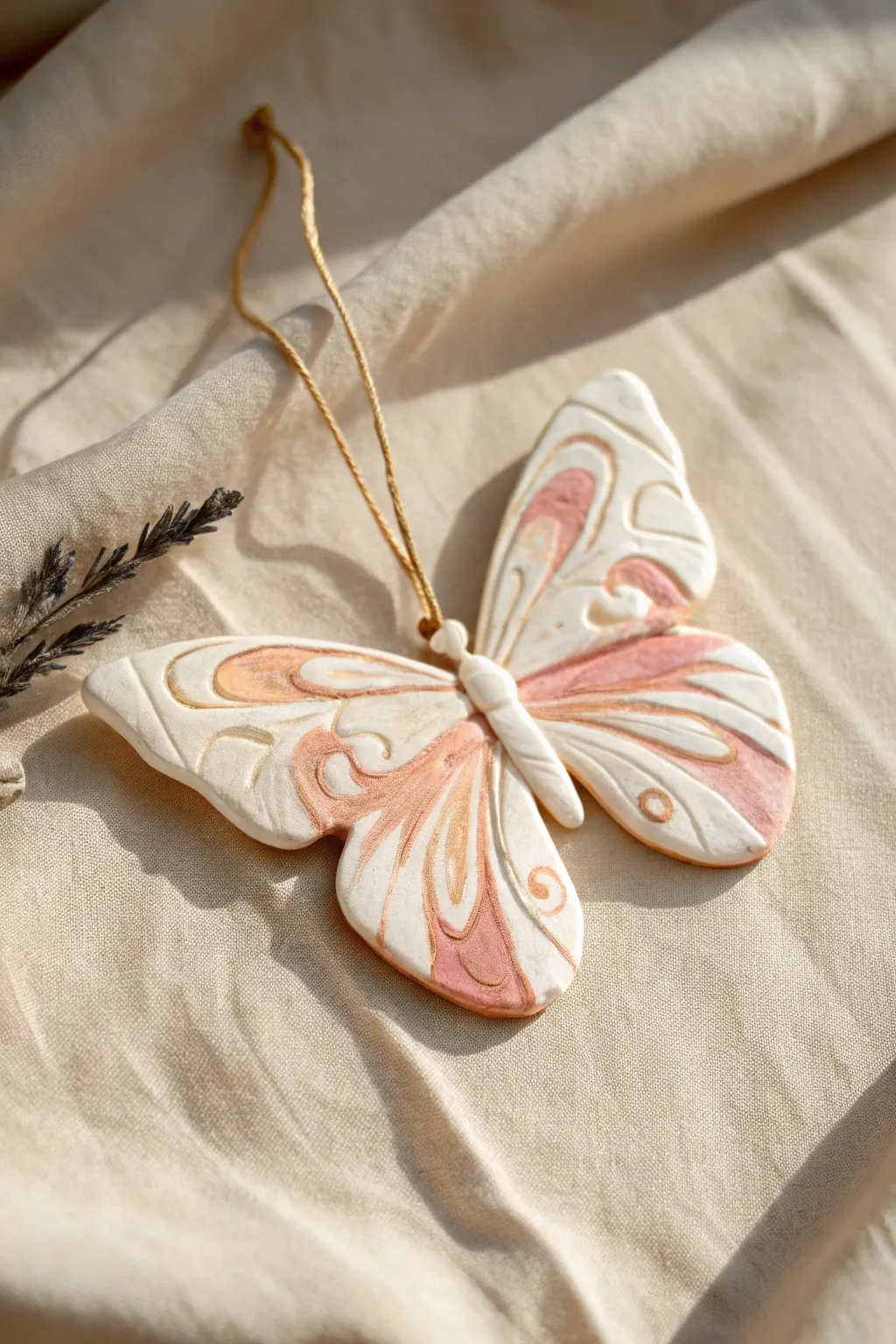 Marbled clay butterfly wings in soft blush and terracotta, simple body, clean Nordic boho mood
