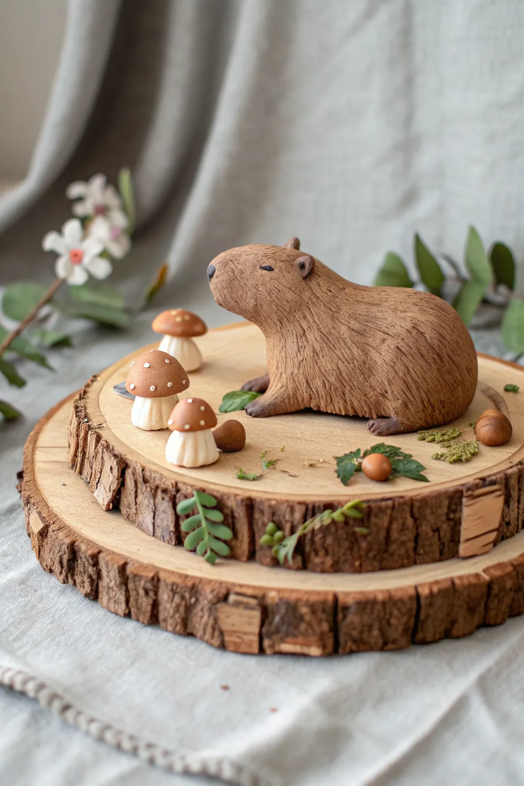Sweet capybara clay diorama on a wood slice, cozy mushrooms and leaves, minimalist boho charm