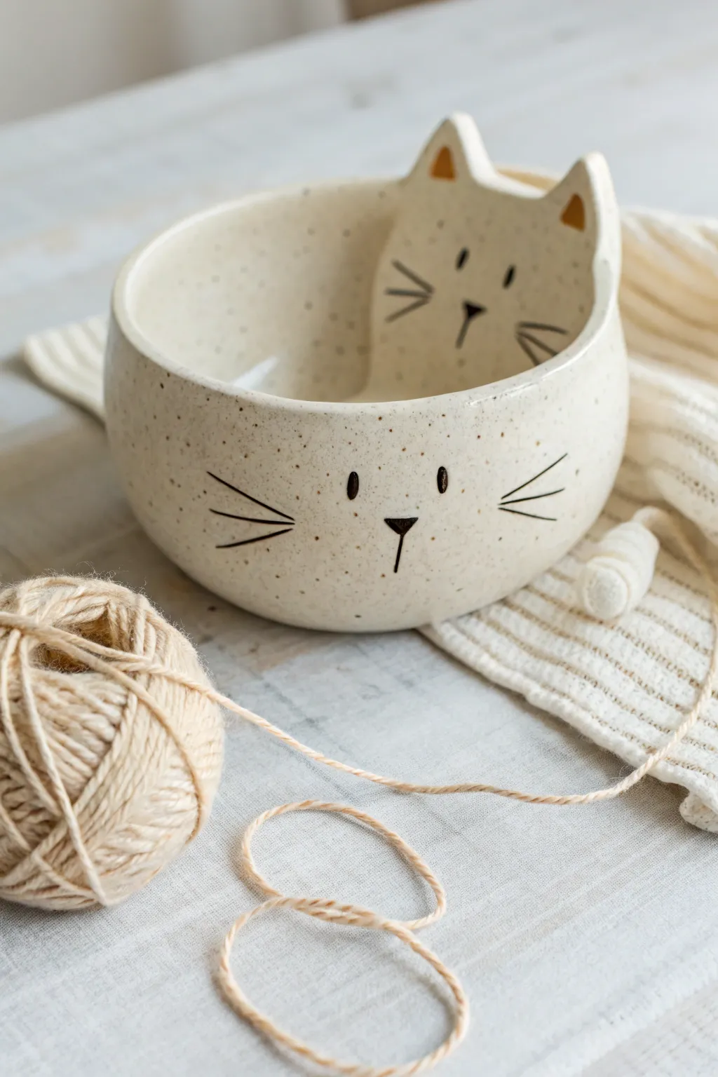 Minimal cat pinch pot yarn bowl with a tail notch, styled in soft Scandinavian tones