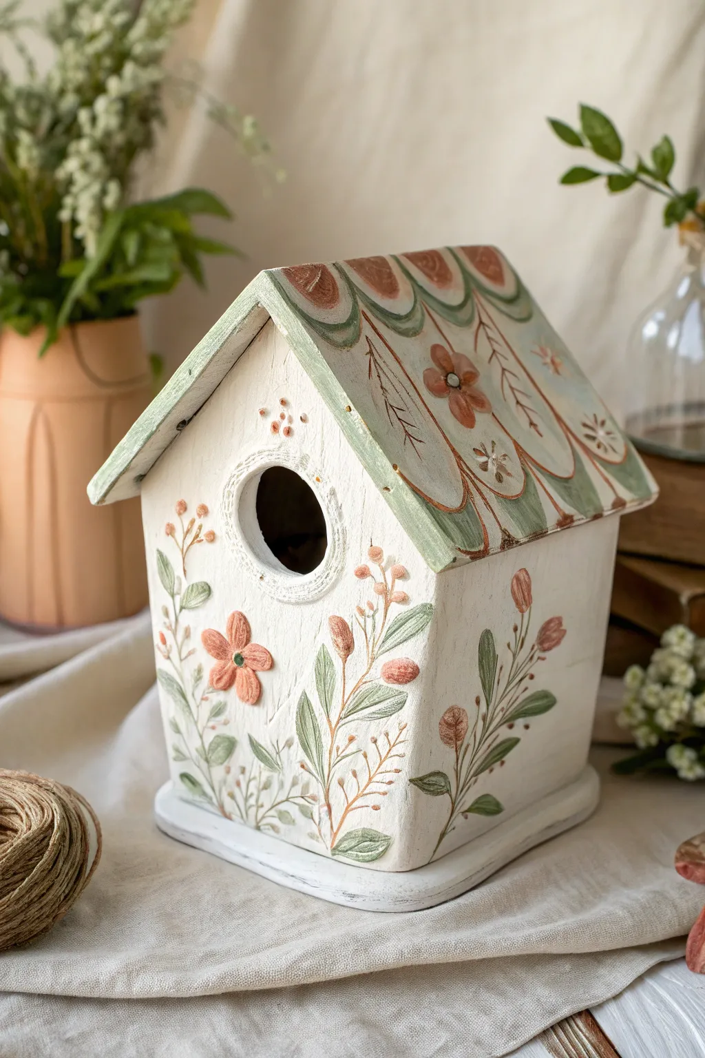 Cheerful floral appliqué ceramic birdhouse in soft Scandinavian hues with a boho garden feel