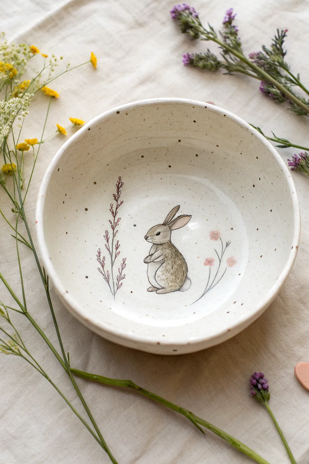 Minimalist ceramic bowl with a hidden bunny reveal, tiny floral dots, and soft Nordic contrast.