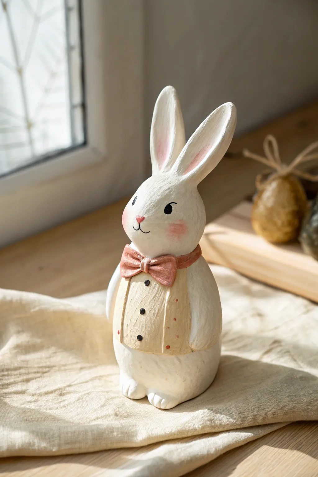 Whimsical ceramic bunny with a simple painted outfit and rosy cheeks in soft Nordic tones.