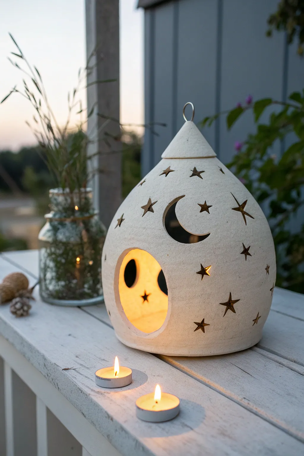Moon and star cutout ceramic birdhouse lantern glowing softly at dusk, simple and magical.