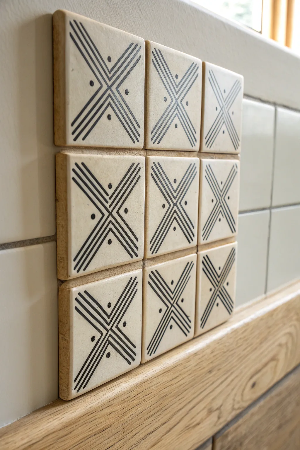 Mishima-inspired inlay tile cluster in soft neutrals for minimalist boho wall decor.
