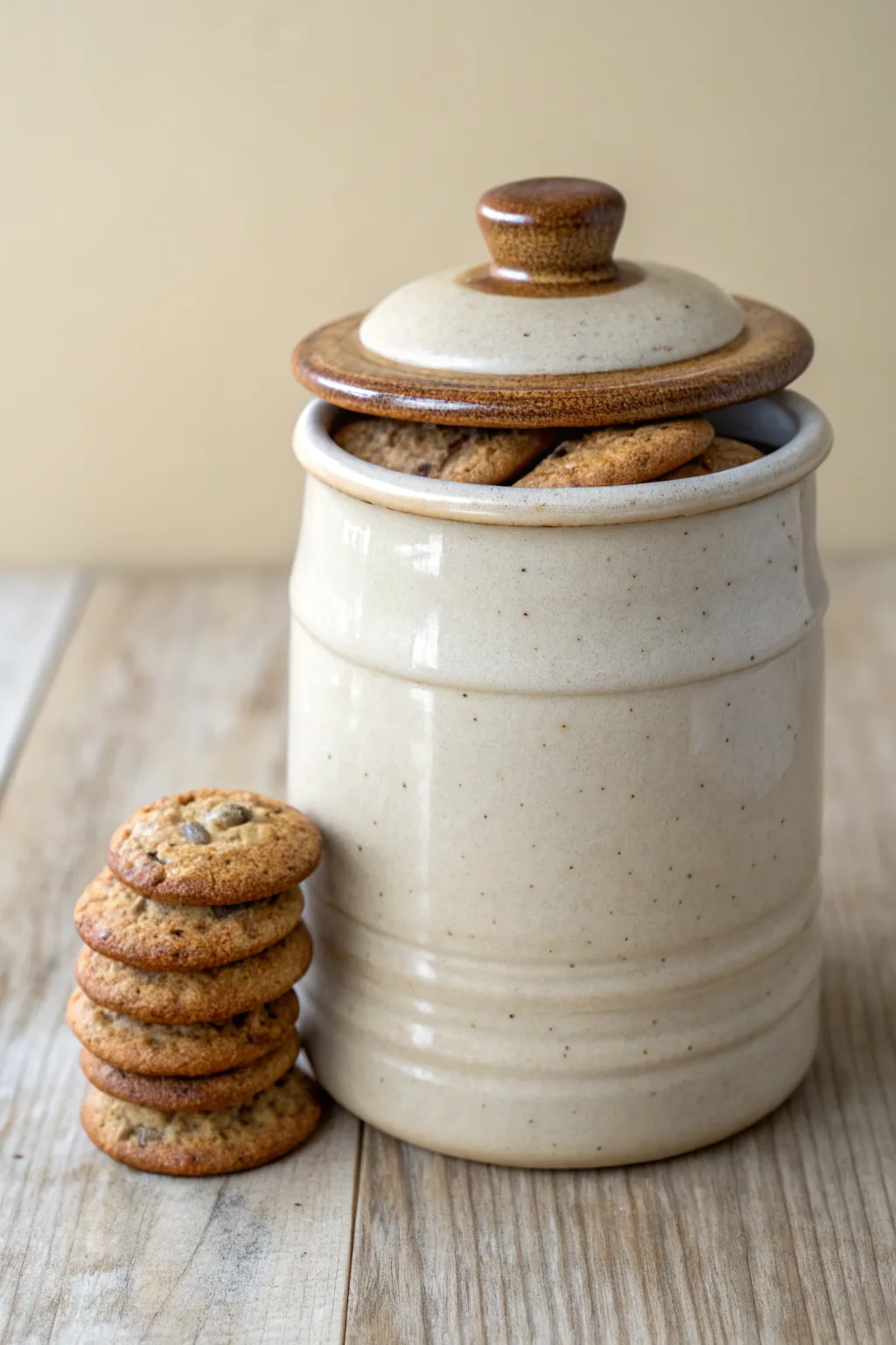 Cozy cookie-stack lid jar in warm neutral glaze, minimalist styling with a boho touch.