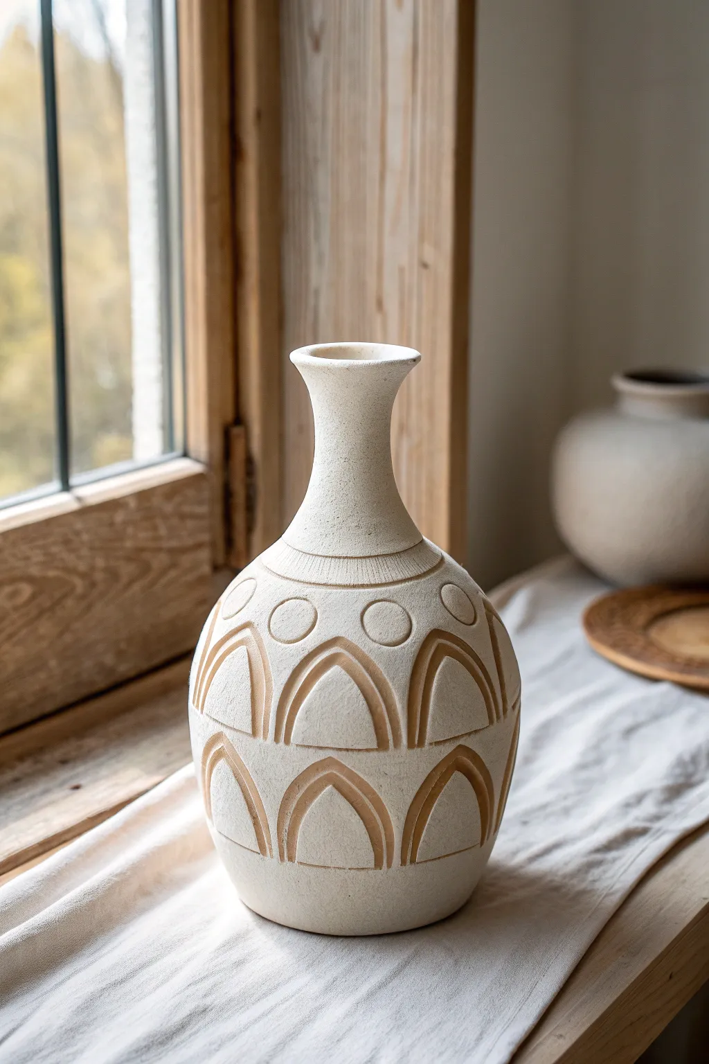Minimal vase with raised clay appliqué shapes in a calm two tone palette for an easy 3D pop