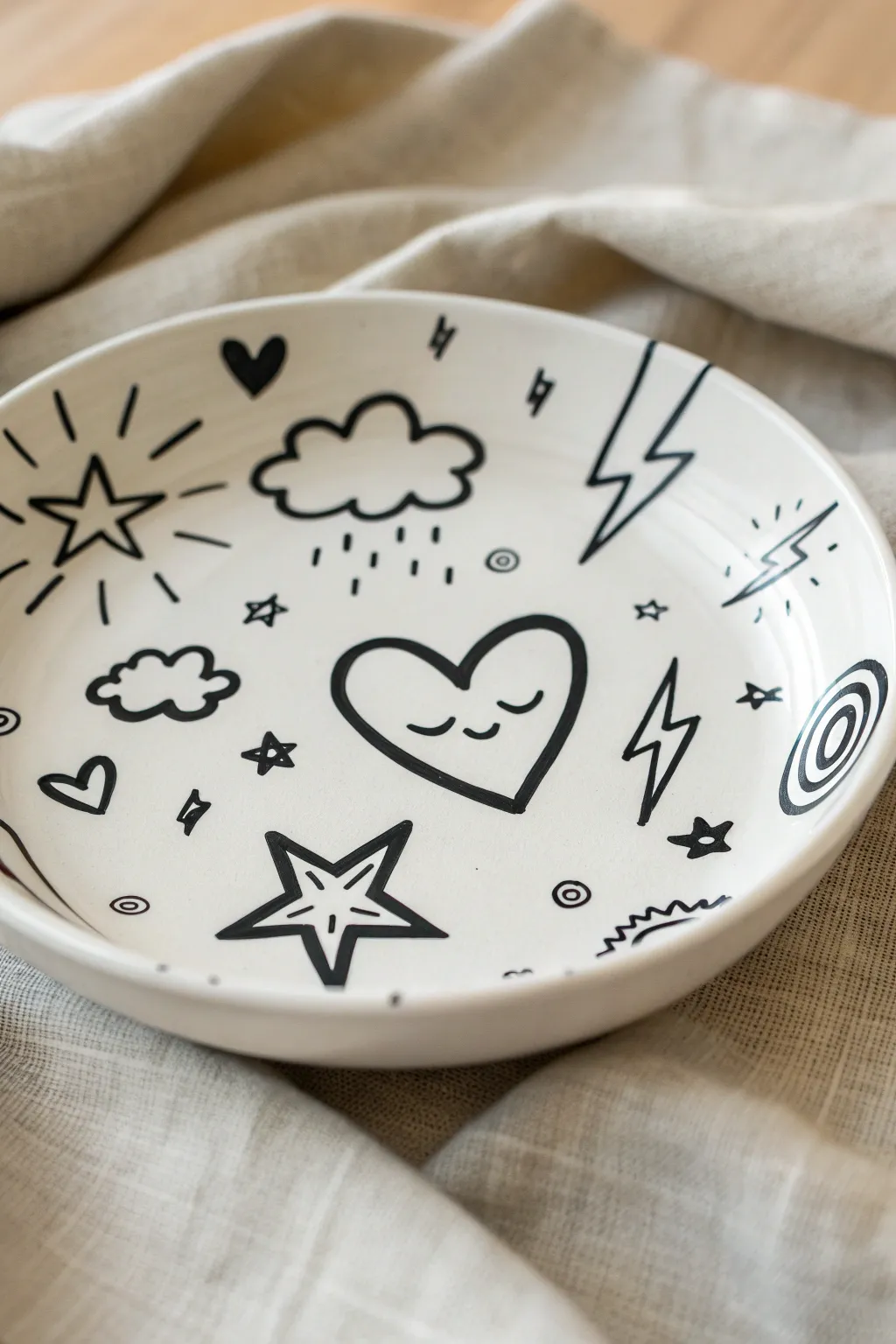 Minimal ceramic plate with bold comic icons and blank speech bubbles, crisp black ink contrast