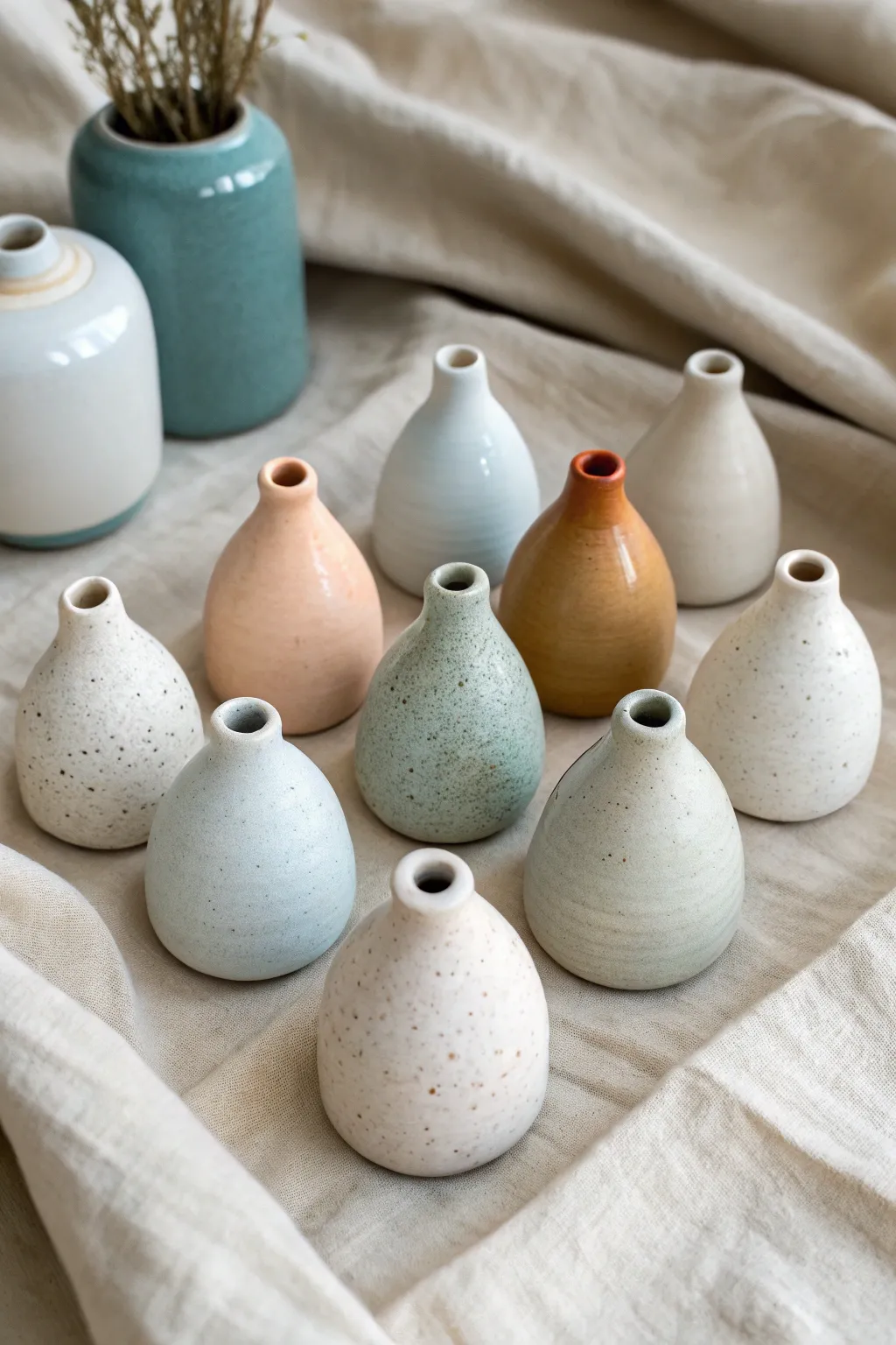 Mini vase glaze tests, beautifully grouped for easy comparison in a calm, minimalist palette.