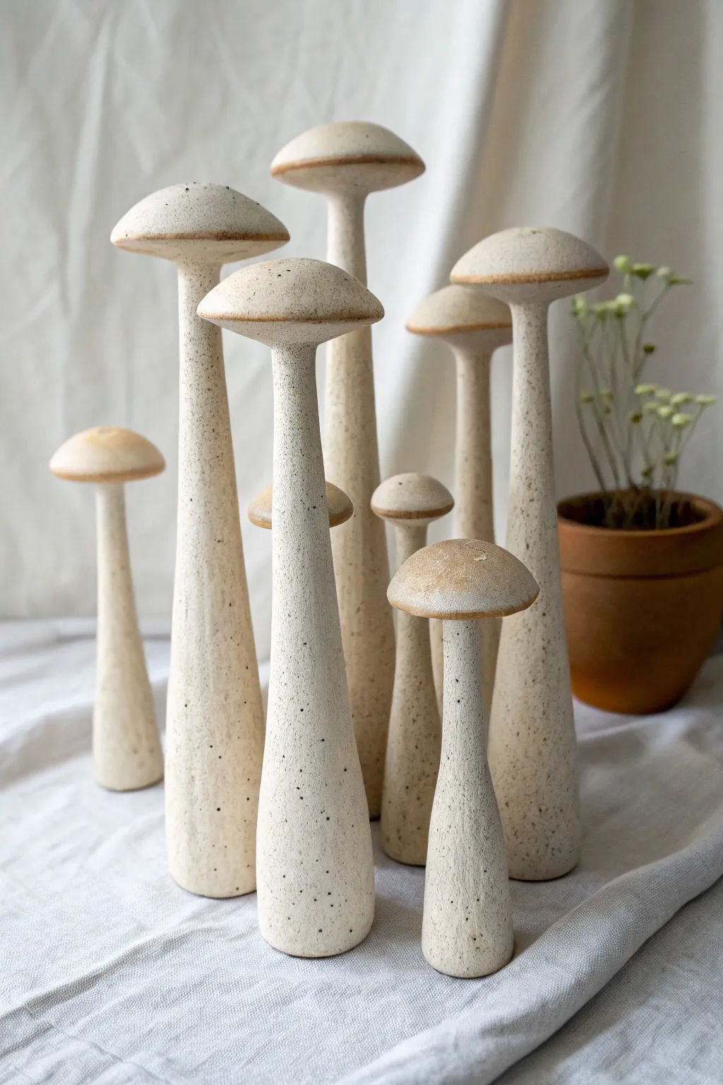 Mini ceramic garden: tall stalks with pod tops in calm Nordic tones and airy negative space.