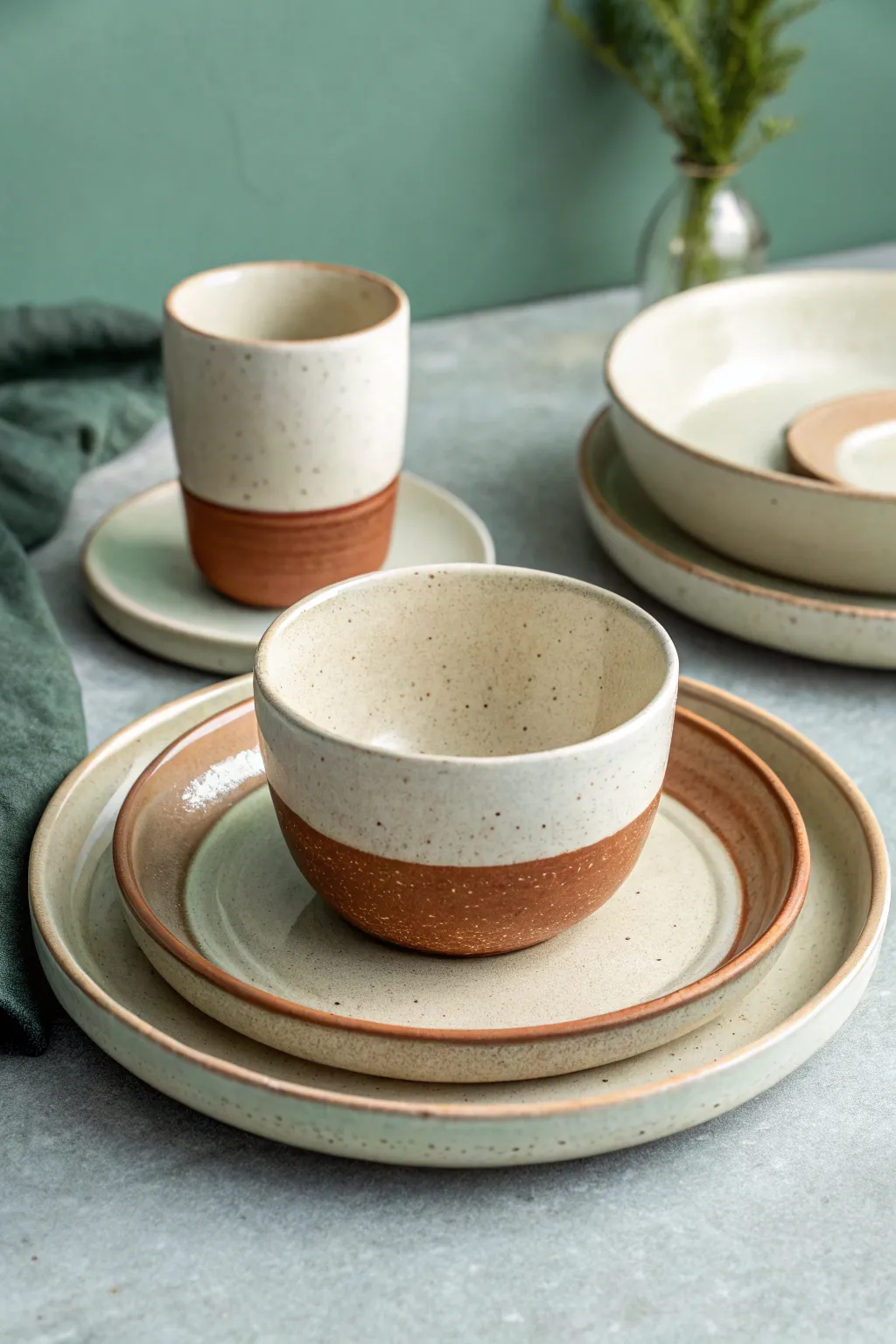 Two-tone color-blocked cup, bowl, and plate set with clean lines and cozy handmade texture.