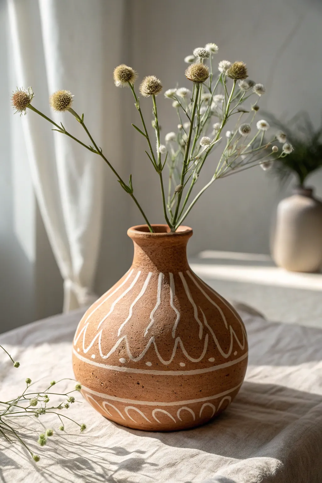 Raised slip-trailed squiggles create a playful, touchable vase moment with a few bold stems.