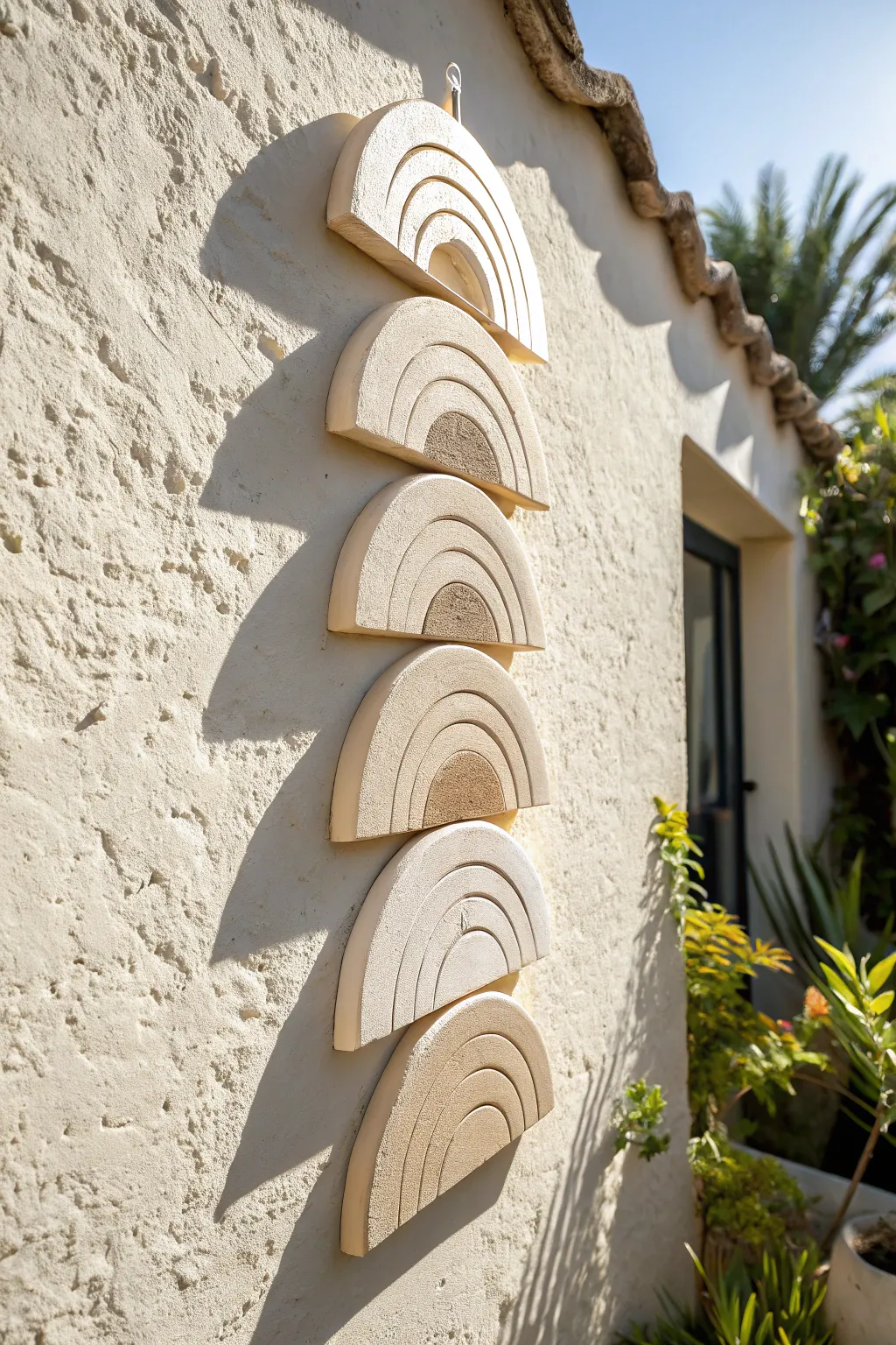 Segmented ceramic wall art in a soft neutral glaze, forming one bold abstract shape