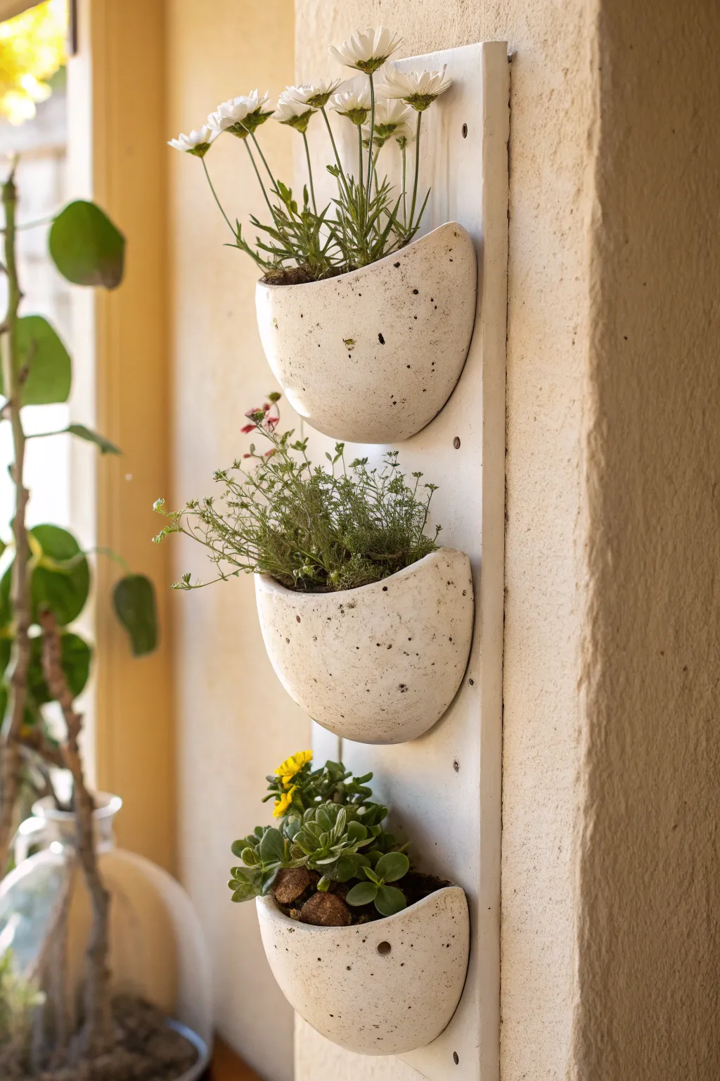 Mini trio propagation wall pockets in soft neutral glazes, simple shapes and cozy boho minimal styling.