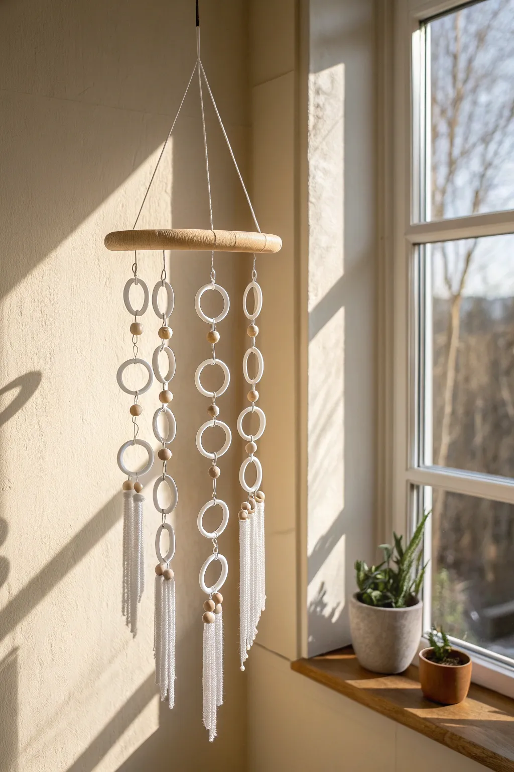 Airy porcelain whisper chime with delicate rings and pendants, glowing in soft window light