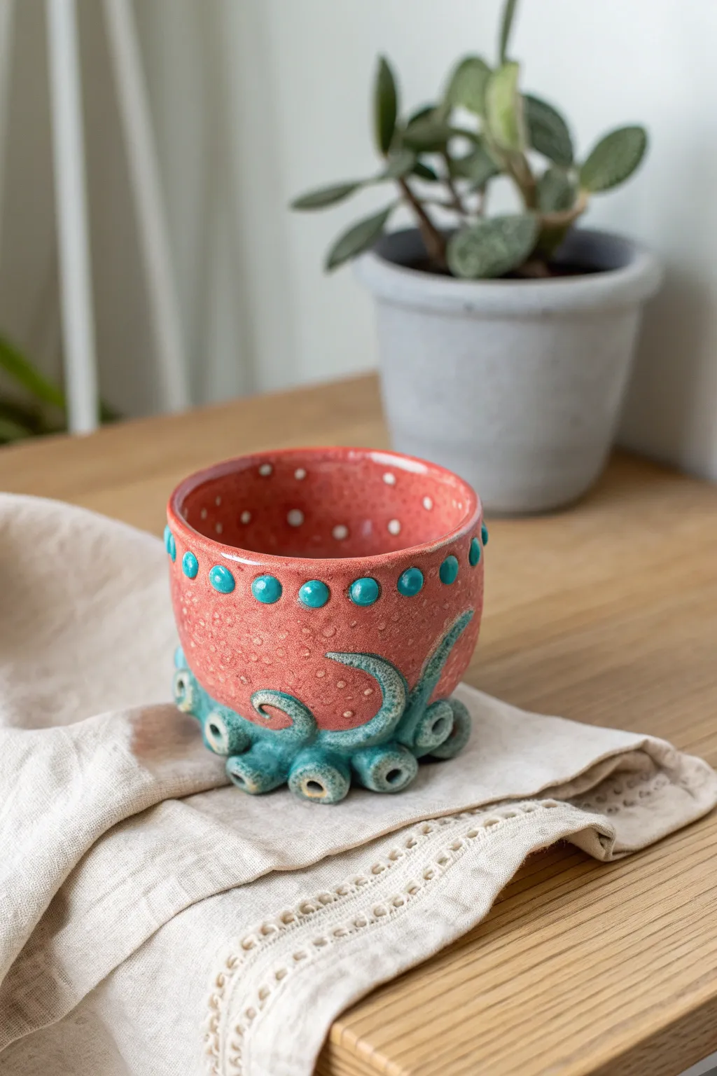 Whimsical pinch pot octopus cup in bold coral glaze, a playful ceramic project idea